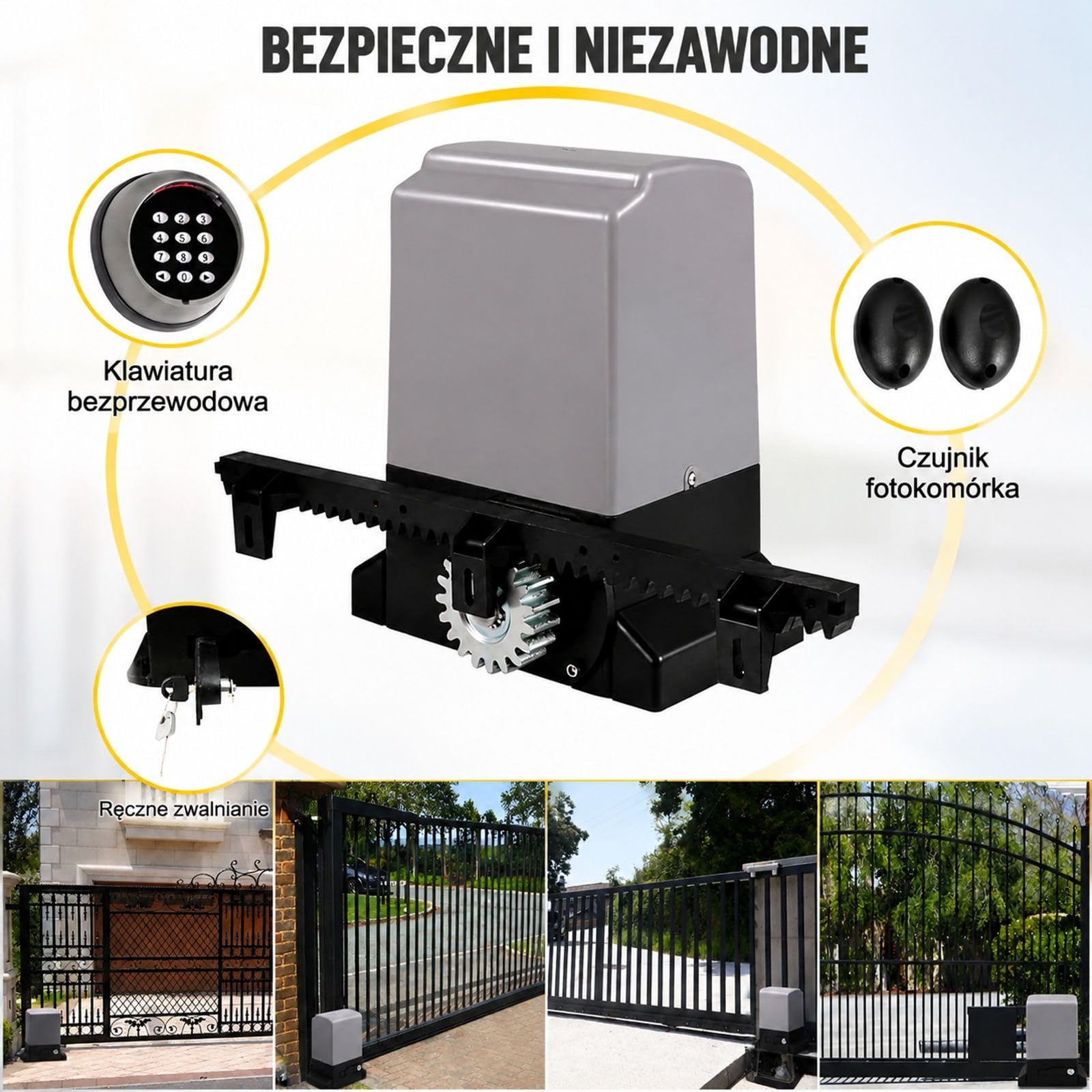 Napęd do bramy przesuwnej na podjazd, 1800 kg, silnik 750 W, ręczne zwalnianie kluczem, obudowa szaro czarna