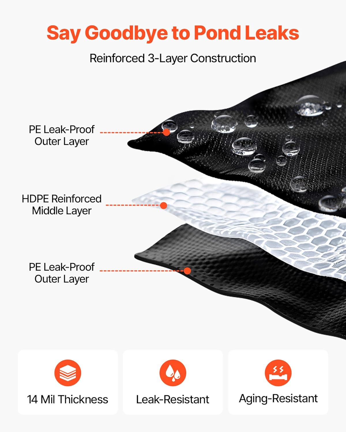 VEVOR 15 x 20 ft Pond Liner, 14 Mil Thickness, 3-Layer Reinforced PE Fish Koi Pond Liner for Outdoor Ponds, with Hemmed Edge and 4 Metal Buttonholes, for Water Garden, Waterfall, and Fountains, Black