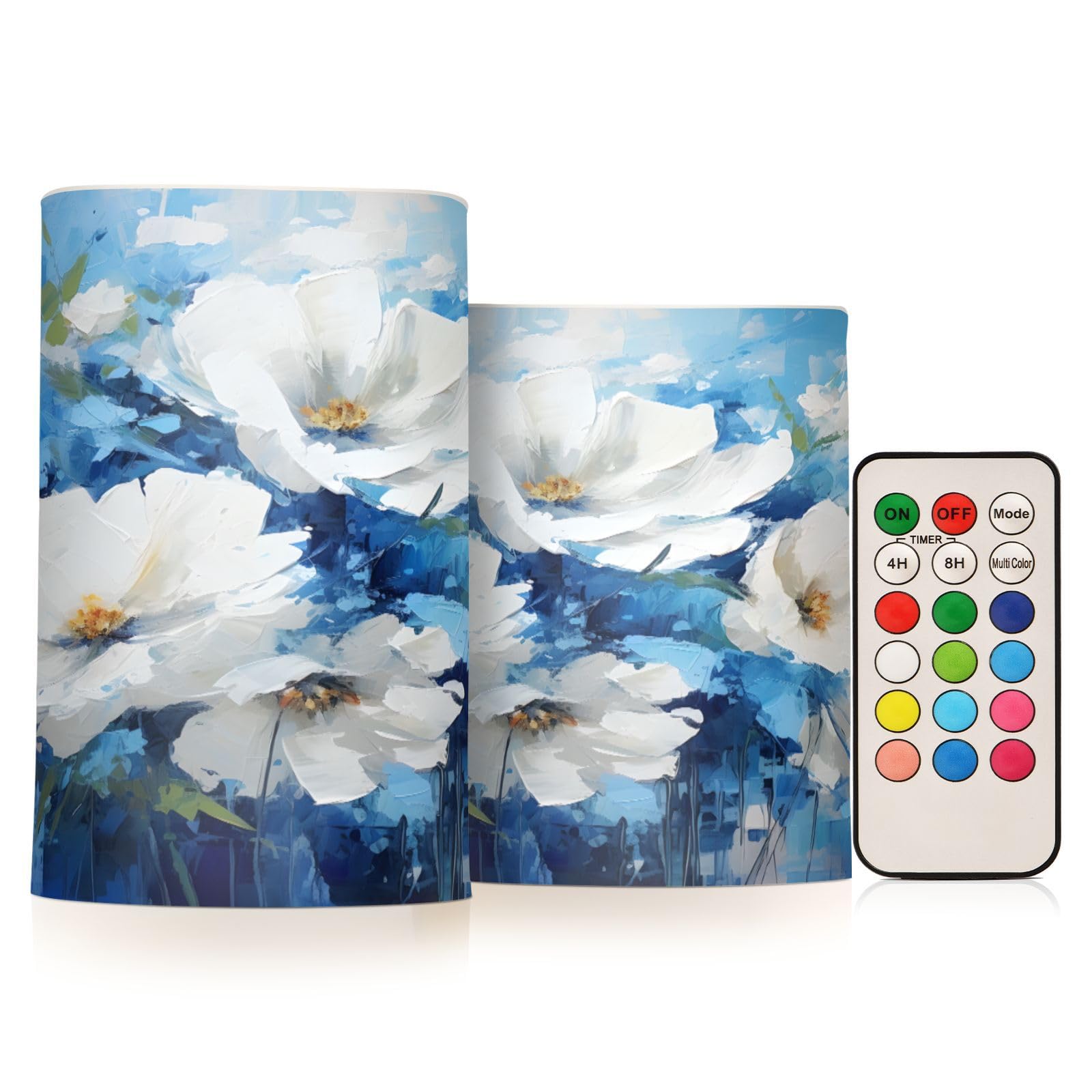 Mnsruu Flickering Flameless Candles White Flowers Blue LED Candles with Remote Timer Set of 2 Battery Operated Candle Home Decoration