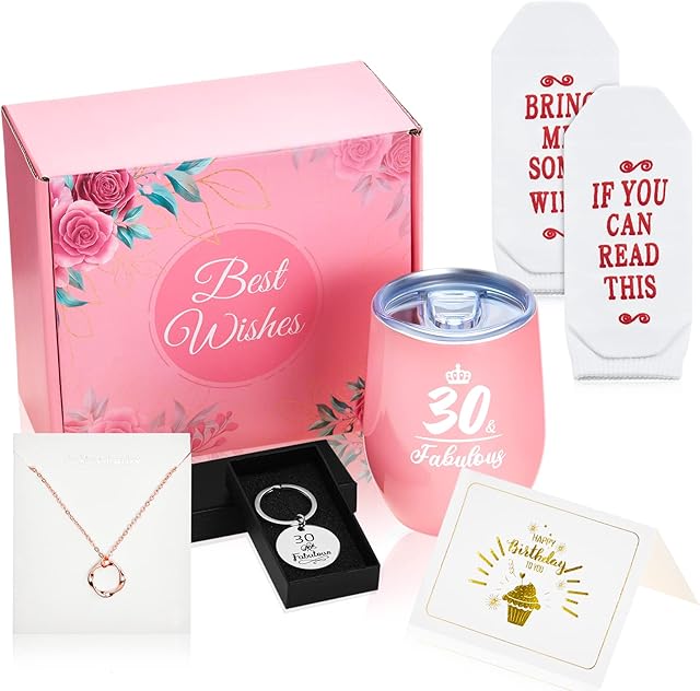 7 Pcs 30th Birthday Gifts for Women Set, Including 12oz Stainless Steel Wine Tumbler Pink Socks Necklace Gift Card Keychain with Gift Boxes for Mother Daughter Friend Sister Wife Aunt Coworker