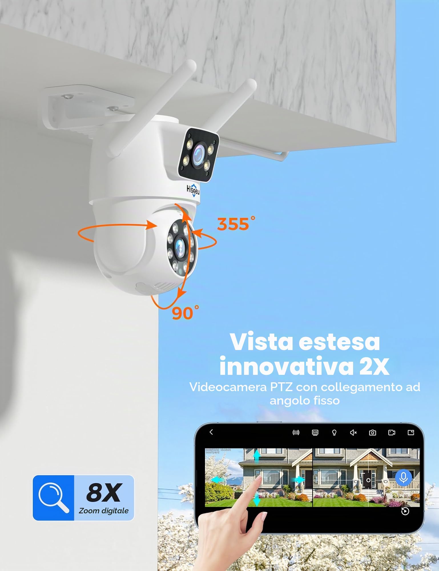 Hiseeu 【Doppia Lente 2K Telecamera Wi-Fi Esterno con 8X Zoom Digitale, 3MP PTZ Videocamera Sorveglianza, Tracciamento Auto Rilevamento Umano Visione Notturna a Colori Allarme Sonoro e Luminoso Alexa