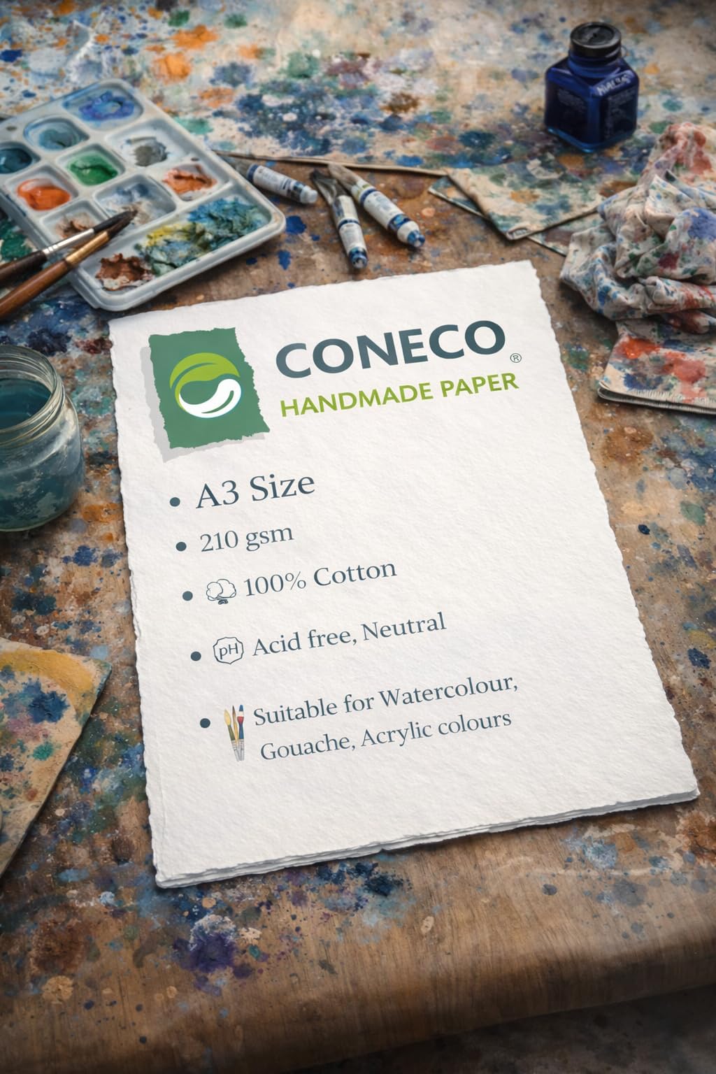 CONECO HANDMADE PAPER - A3 210 GSM for Watercolour - 100% Cotton, Acid Free, Deckled Edge - Handmade Artist Set of 15 Sheets-image-35