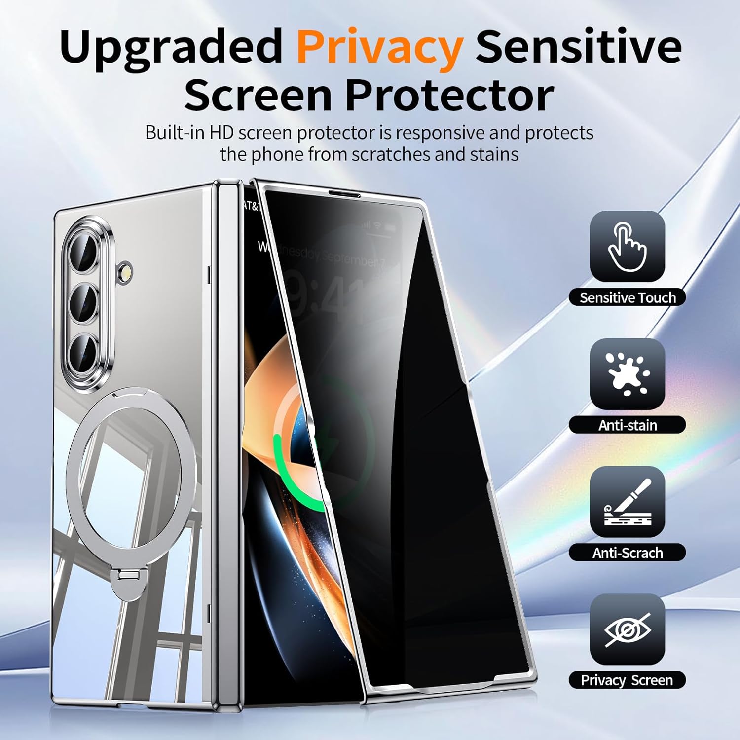 Magnetic for Samsung Galaxy Z Fold 7 Case Clear [Hinge Protection] Built-in [ Privacy Screen Protector] [Fit for MagSafe] Zfold 7 Case with Kickstand & Ring Holder Silver