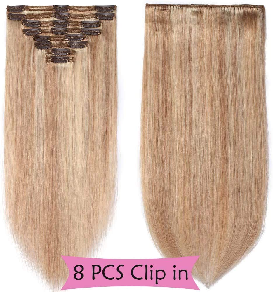 Extension Capelli Veri Clip Folte 8 Fasce Balayage per Capelli Lisci Hair Extensions Double Weft Remy Human Hair Naturali 35cm/120g #18P613 Biondo Cenere/Biondo Chiarissimo