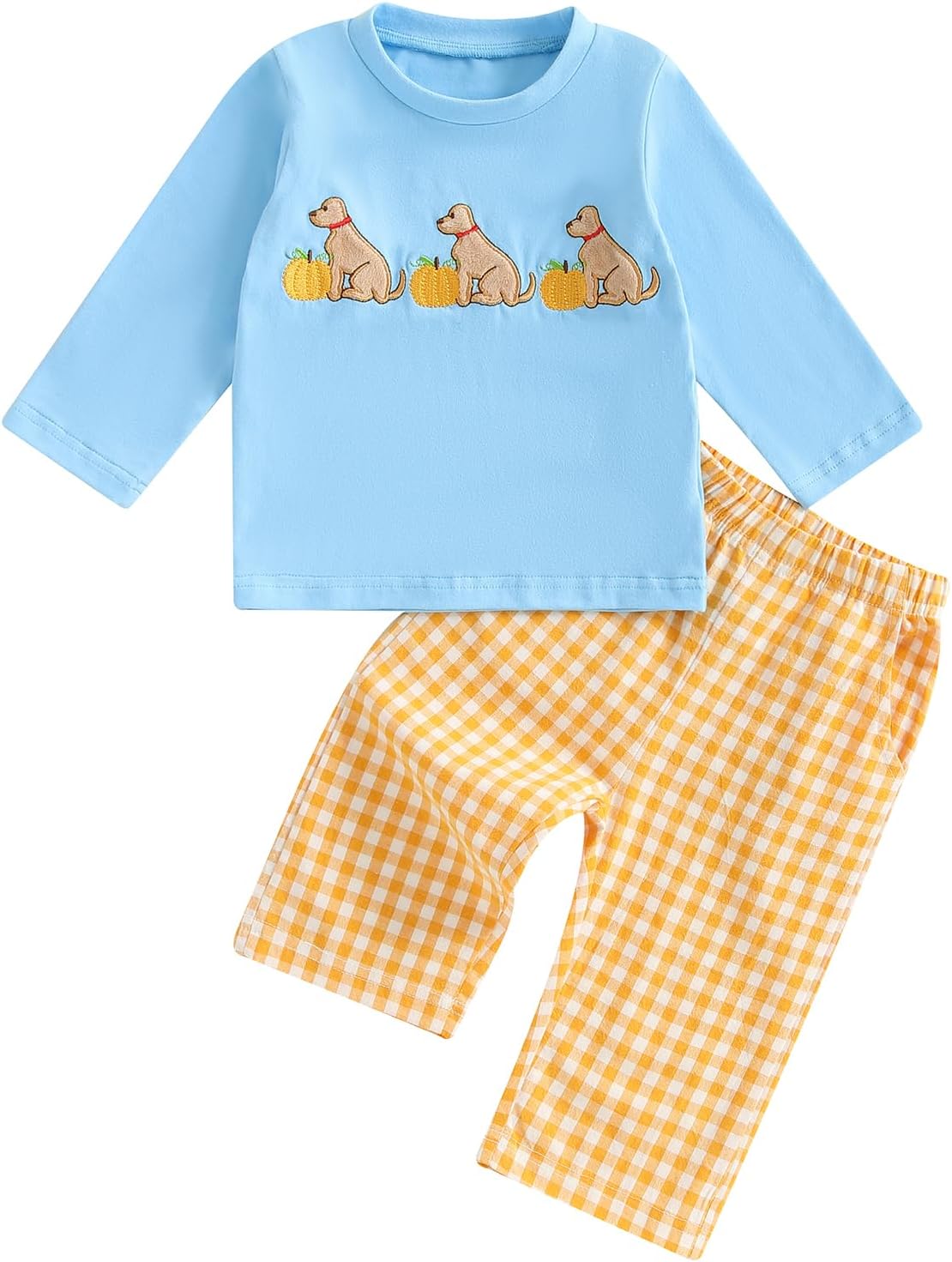 Toddler Baby Boy Halloween Ghost Pumpkin Outfit Long Sleeve Embroidery Tshirt Gingham Pants 2 Piece Smocked Clothes