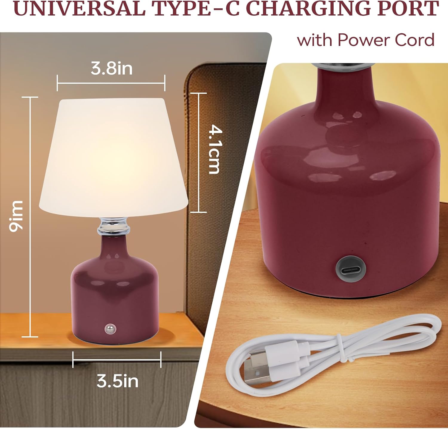 Cordless Small Table Lamps Rechargeable,3 Color Dimmable Modern Bedside Lamps,5000mAh Battery Operated,3-Level Brightness,Portable LED Desk Lamp for Bedroom,Dining,Patio,Restaurant,Outdoor (Red)