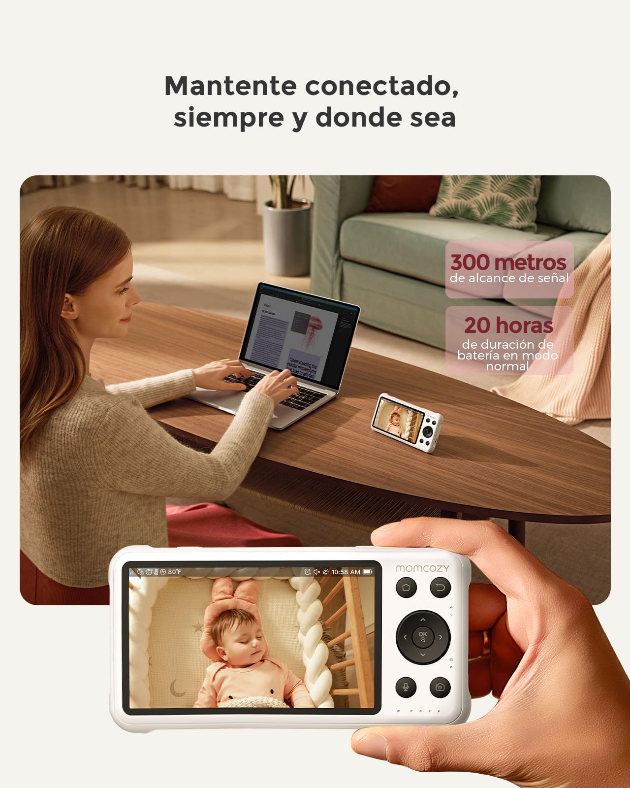 momcozy Vigilabebés WiFi de 5" con Cámara HD, Audio Bidireccional, Zoom 4X, Detección de Movimiento y Llanto, Zona Segura, Visión Nocturna Clara, Grabación de Foto y Vídeo