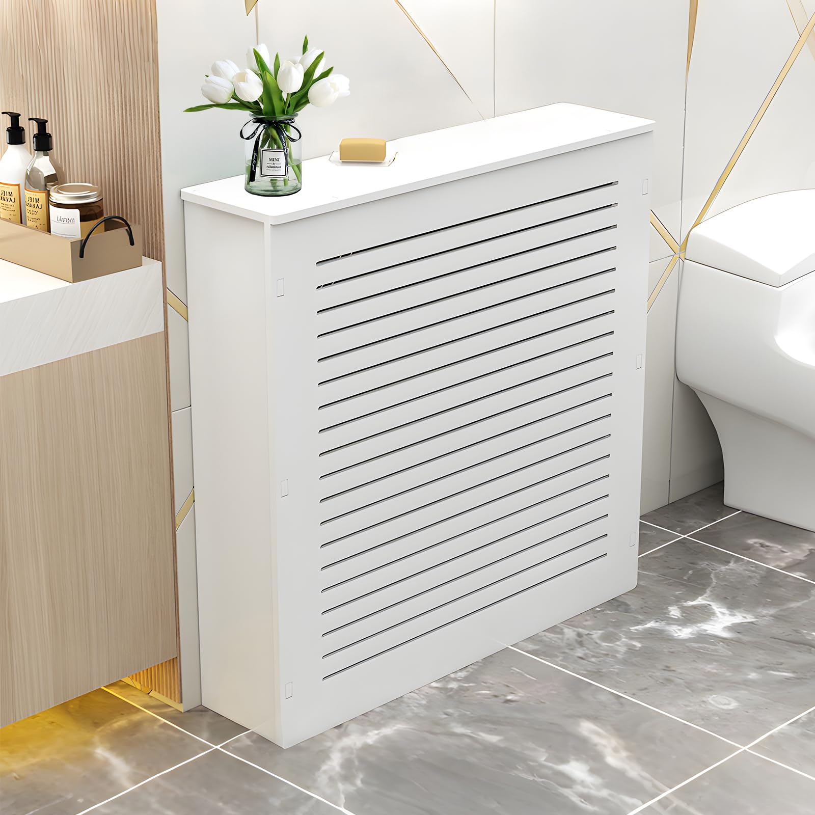 Glimer Radiator Cover with Top Storage Shelf for Old Radiator, Waterproof/Flame Retardant, Heater Covers for Radiators, Hide Cluttered Pipes, Radiator