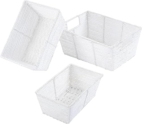 Vagusicc Cesta de almacenamiento de mimbre, cestas de mimbre de cuerda de papel tejidas a mano, pequeñas cestas rectangulares de mimbre para