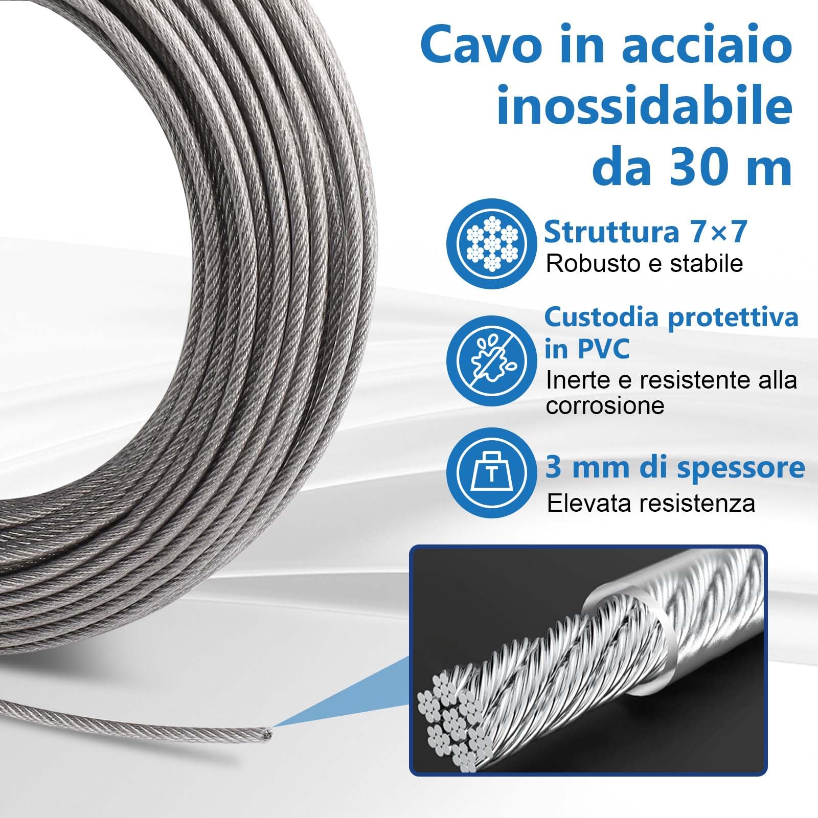 Angooni Set di fune in acciaio da 30 m, fune in acciaio inossidabile da 3 mm rinforzata, tenditore M5 in acciaio inossidabile, gancio a parete M5, fune in acciaio con occhielli, supporti per piante