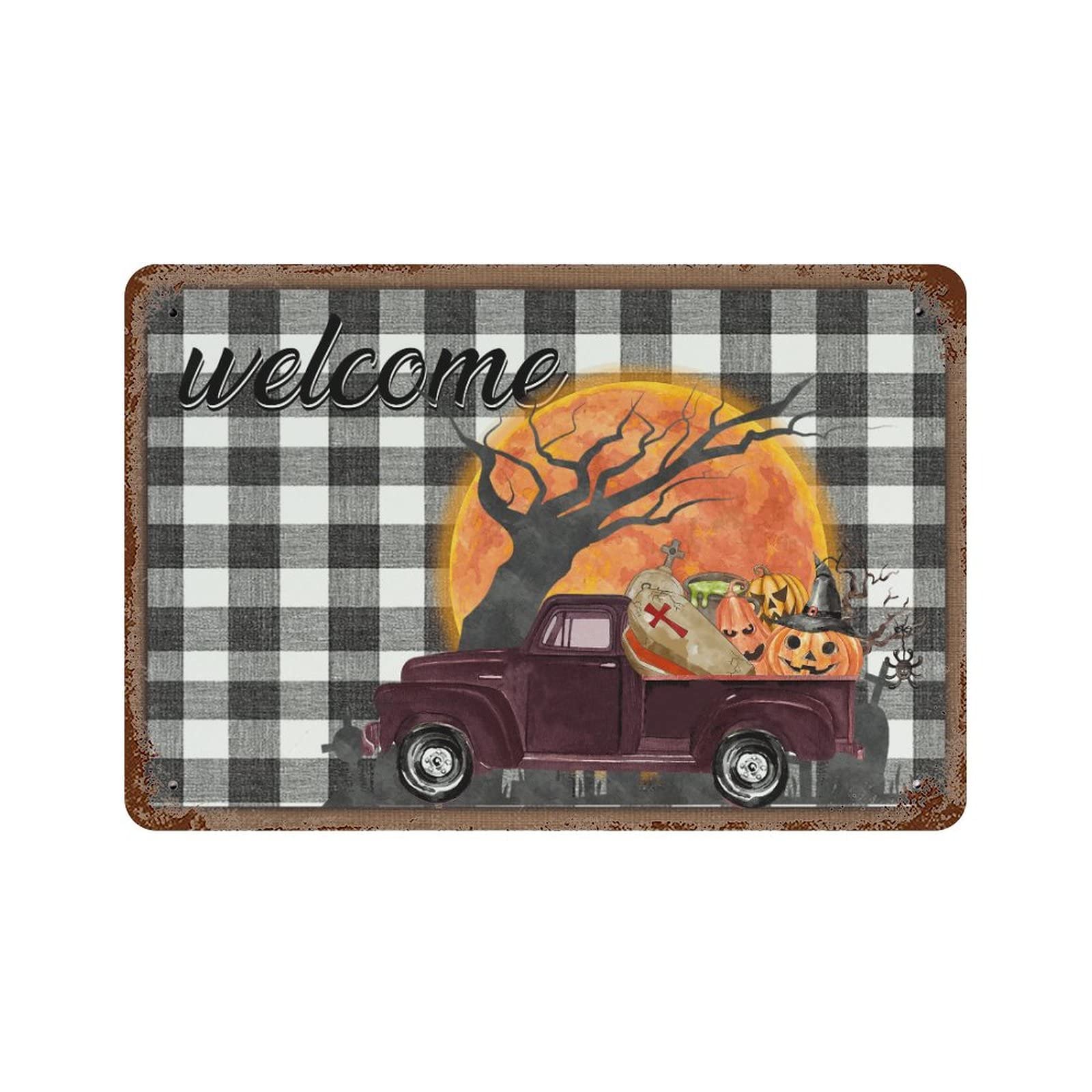 Panneau en métal Welcome Halloween Camion pour résoudre votre manque de déco extérieure