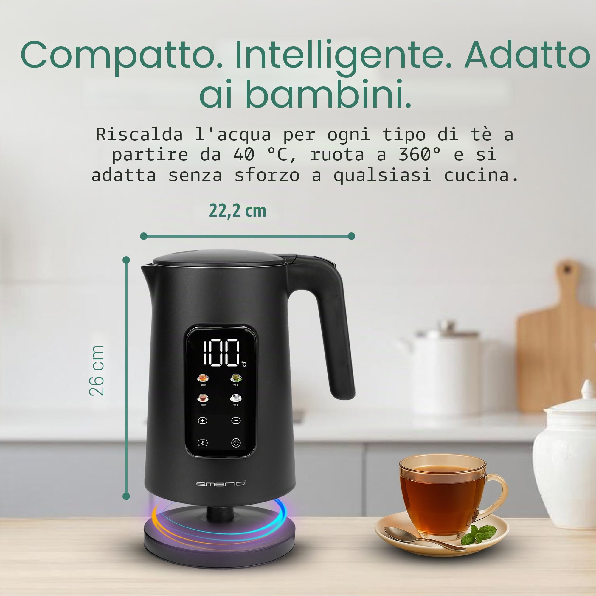 EMERIO Bollitore in acciaio inox, 1,7 l, doppia parete isolata, scelta della temperatura 40 – 100 °C in incrementi di 5 °C, display con varietà di tè preprogrammate, senza BPA, 2200 W, spegnimento