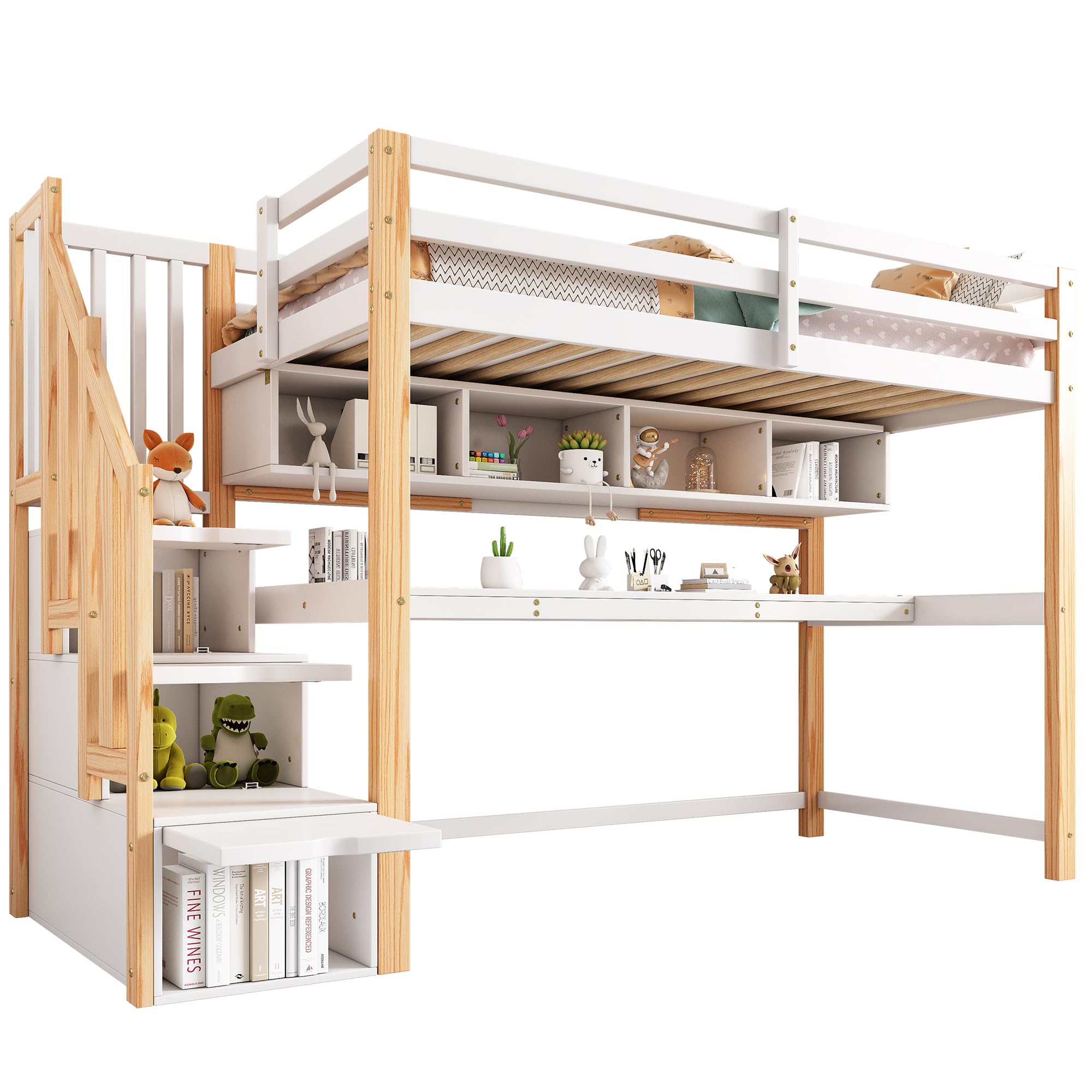 Merax Lit Mezzanine 90 x 200 cm, avec Grand Bureau et Escaliers de Rangement, Lit Enfant avec Étagères de Stockage, pour Garçon et Fille, Blanc et Bois (sans Matelas)