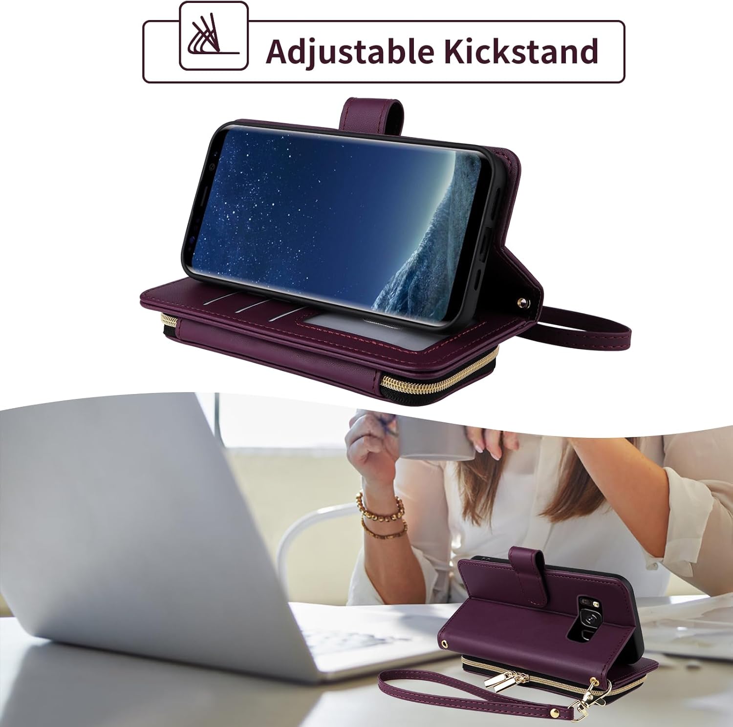 Wallet Case for Samsung Galaxy S8 with Detachable Wrist Strap, Shoulder Strap, 9+ Card Slots Zipper Purse, Luxury PU Leather Stand Cell Phone Cover for S 8 8S Edge SM-G950U Women Deep Purple