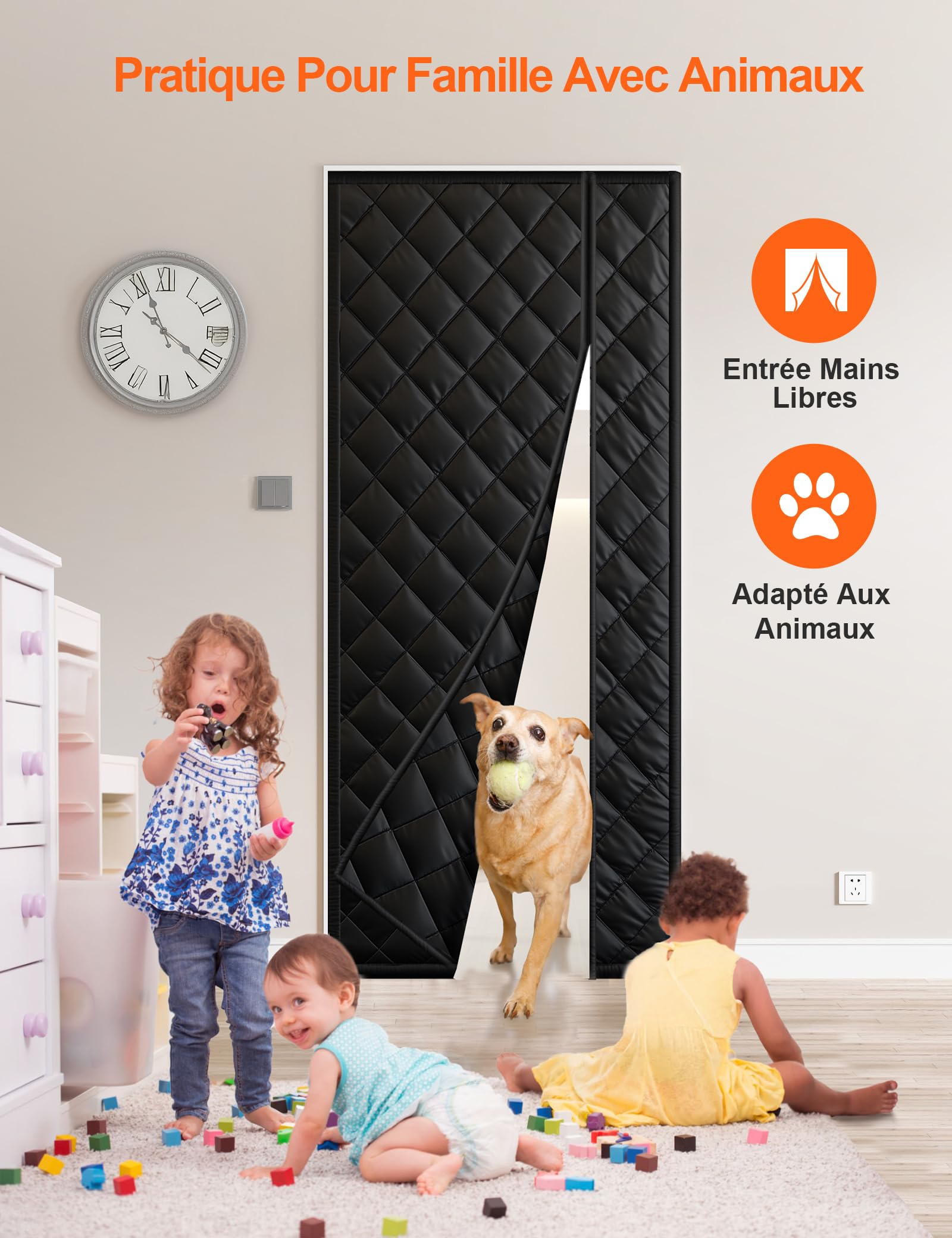 Rideau de Porte Isolant Thermique 110x220CM, Rideau Thermique Magnétique Isolant, Anti-froid et Coupe-Vent, Économe en Énergie, Sans Perçage, Adapté aux Animaux, Pour Chambre, Balcon, Noir