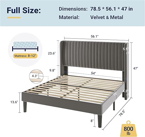 Miniatura 2 de Allewie - Base de cama tamaño Full con cabecera acolchada tapizada en terciopelo y diseño acanalado vertical; plataforma de cama tapizada; listones