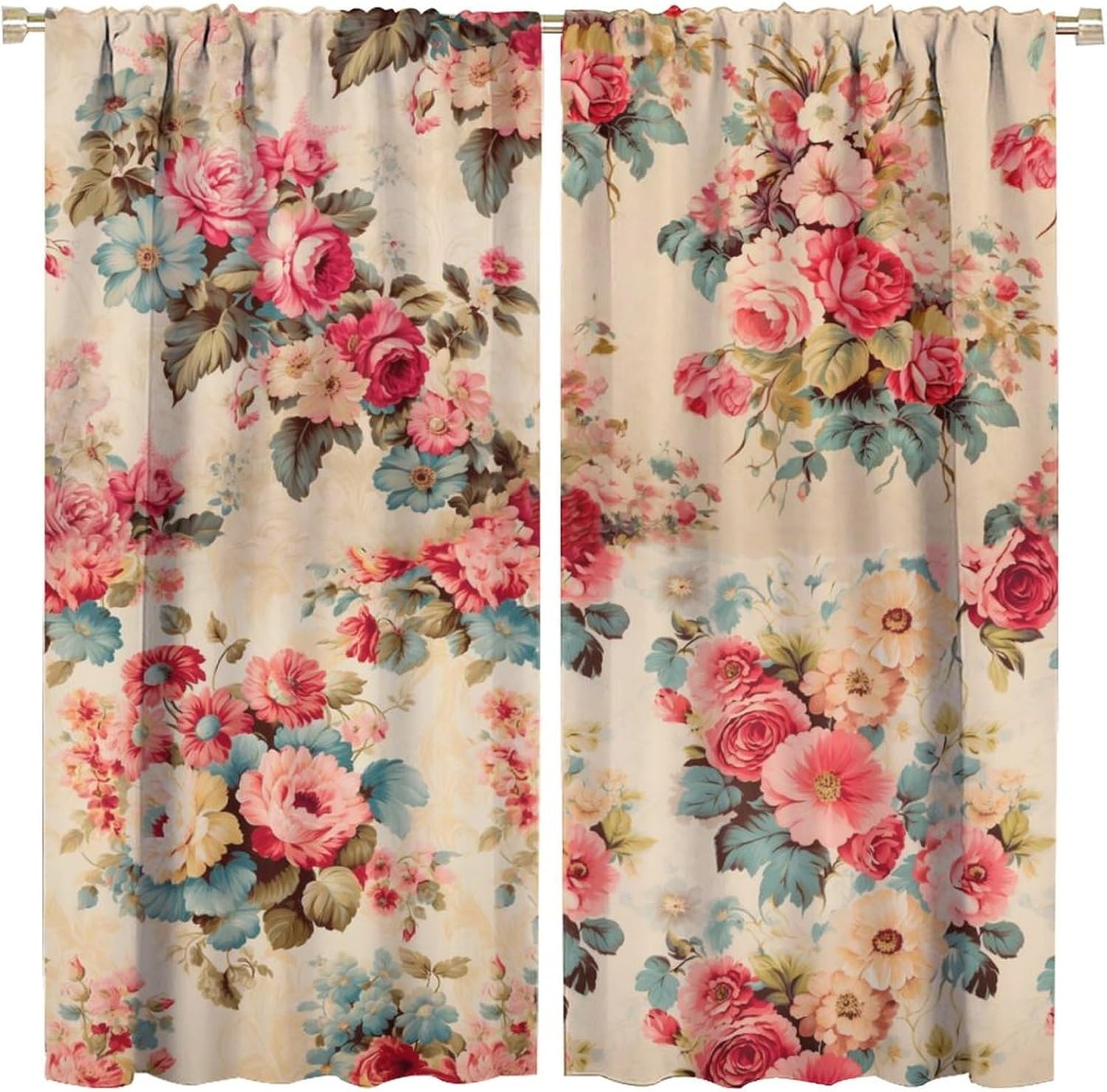 Vintage Flower Curtain Colorful Flower Pole Pocket Vintage Plant Green Leaf Spring Flower Botanical Garden for Women Girls Orange Print Bedroom Living Room Treatment 42x45in