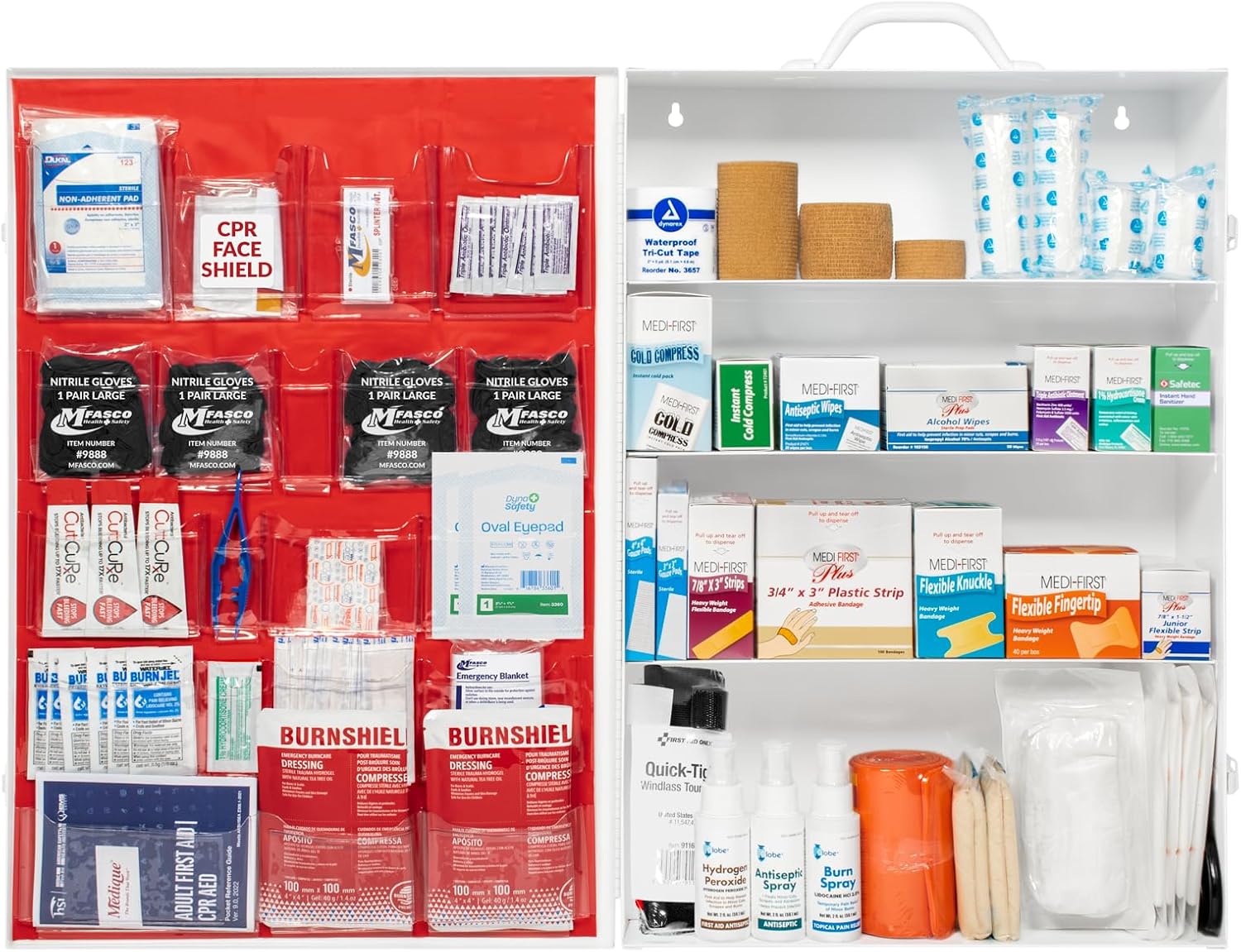 MFASCO 4 Shelf Commercial First Aid Kit, Type I & II, 2021 OSHA Approved,ANSI Z308.1-2021 Compliant, 528 pcs Latex-Free, Wall Mount Cabinet,No Medications,Easy Refilling Instructions, with Tourniquet