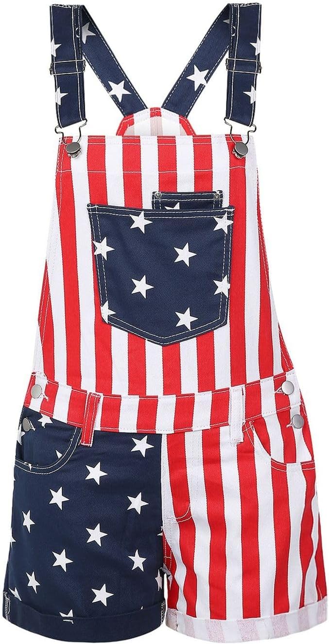 Lu's Chic Women's Shorts Romper Casual American Flag Overalls Jumper 4th of July Summer Patriotic Fashion