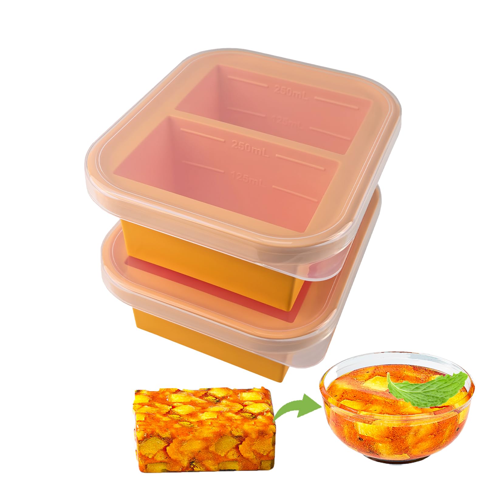 Bangp Two Cup Silicone Food Freezing Tray with lid, Reusable Meal Prep Containers Stackable, BPA Free Organisers for Food, Storing Broth Sauce Yoghurt, Soup Ice Cube Trays, 300ml/Cup (Orange)