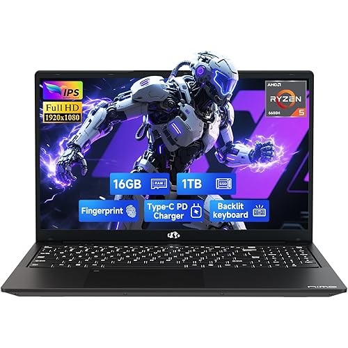 NIMO 15.6" IPS FHD-Gaming-Laptop, AMD Ryzen 5 6600H 6 Cores 16GB DDR5 RAM 1TB SSD (Beat i7-1165G7, Up to 4.5GHz) Radeon 660M GPU-Computer with 100W Type-C Backlit Keyboard Fingerprint Win 11