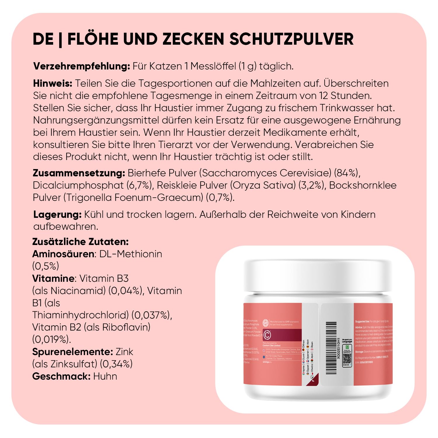 animigo Flohpulver - Zeckenschutz für Katzen - 100 g Pulver - Mit zusätzlichen Vitaminen, Mineralien & Aminosäuren wie Bierhefe, Zink, Vitamin B3, B1 & B2 - Hühngeschmack - Flohmittel Katzen