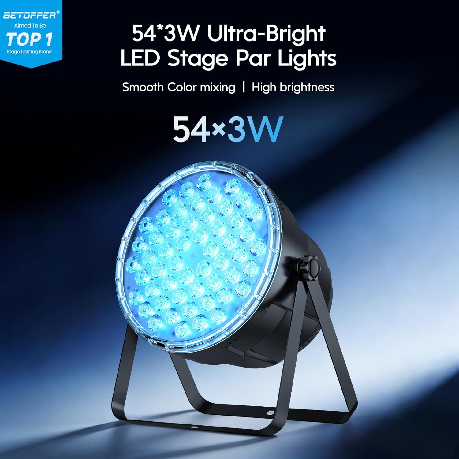 Front view of BETOPPER LPC017 Par Light displaying bright blue LEDs