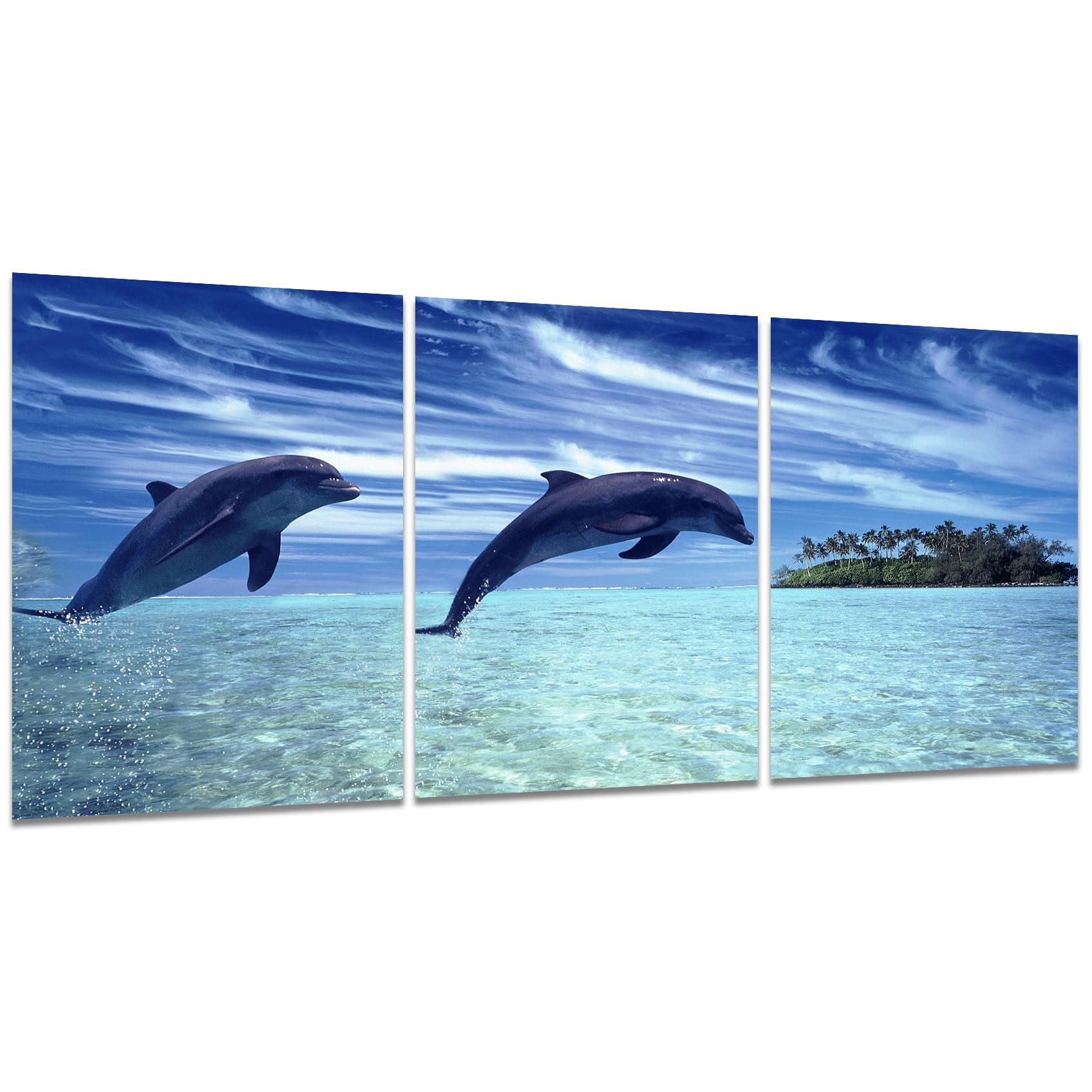 Blue Dolphin Canvas Wall Art - 3 Pieces Blue Sky Beach Seascape Ocean Wall Painting on Canvas Poster Print for Home Kitchen Bathroom Teen Girls Wall Pictures for Living Room Decor 12x16inch Unframed