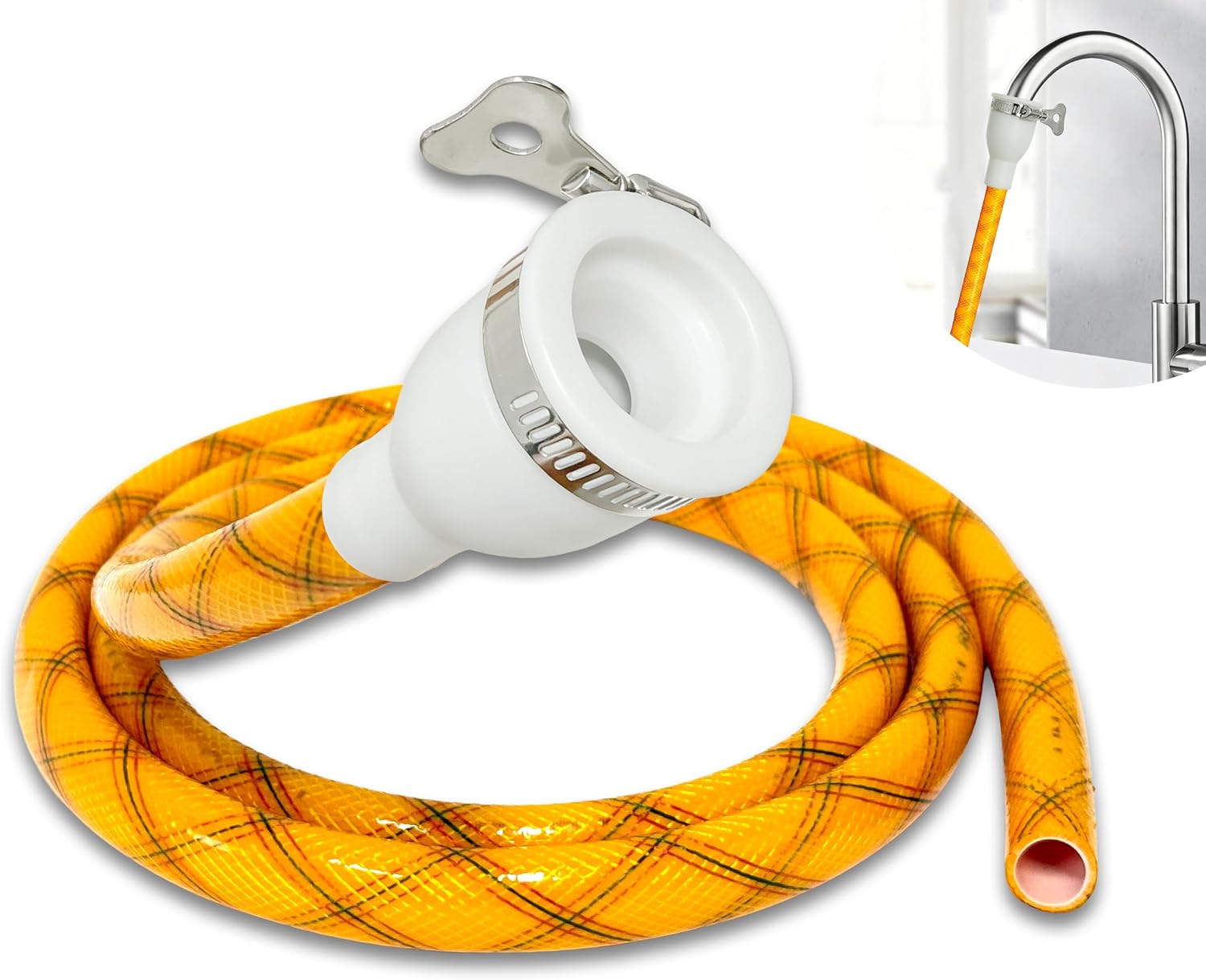 Sink Hose Attachment for Faucet – 8.2FT Reinforced 4-Layer Sink Hose with Faucet to Hose Adapter, Adjustable Silicone Connector & Dual Stainless Steel Clamps for Cleaning & Outdoor Use