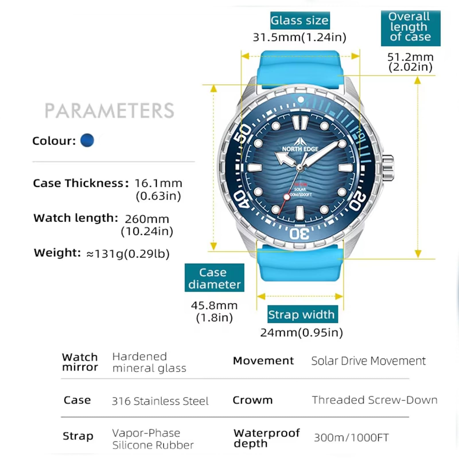 Reloj de buceo con energía solar para hombre, resistencia al agua hasta 300 m, esfera luminosa, bisel giratorio, correa de silicona