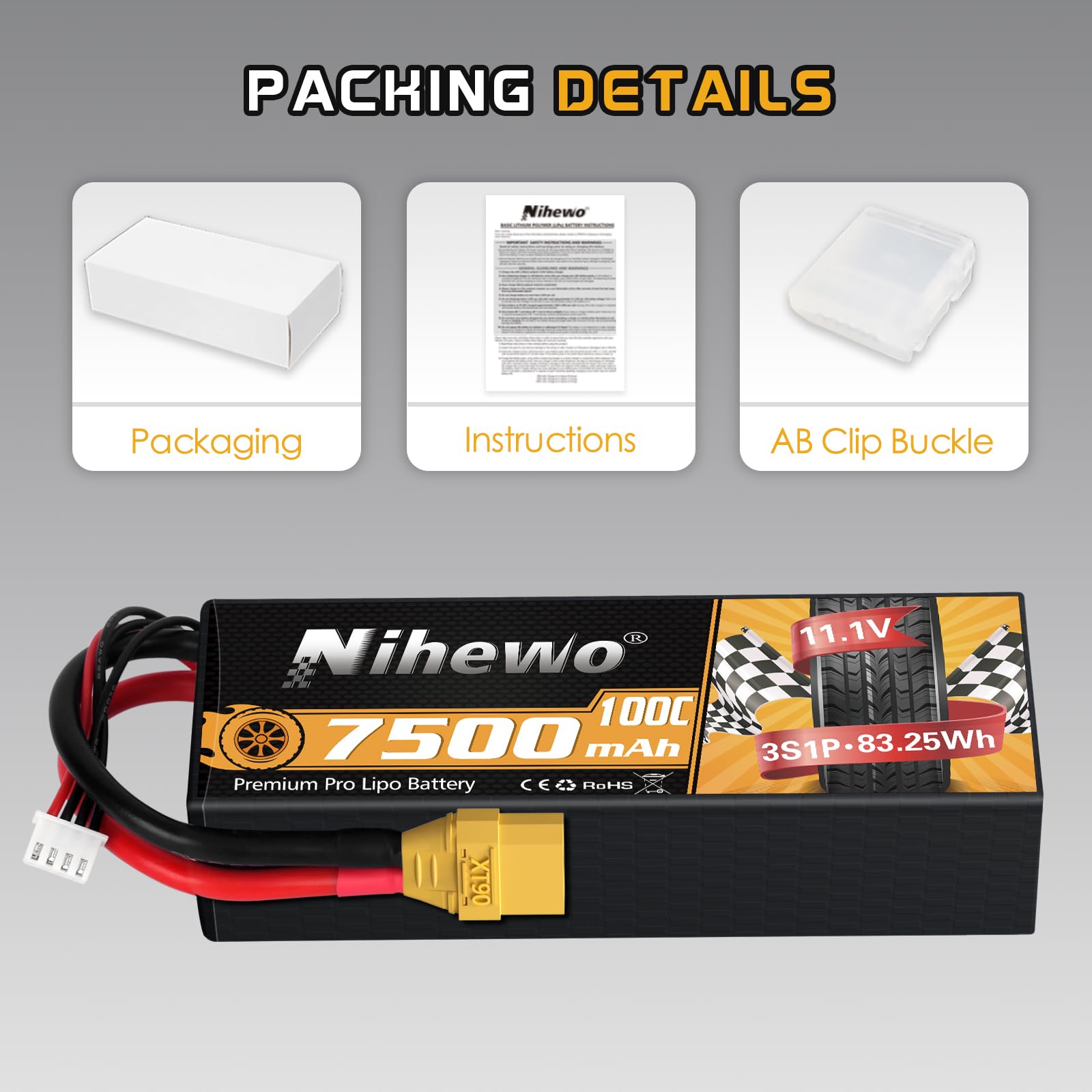 Lot de 2 Batteries Lipo 3S 11,1 V 7500 mAh 100C 3S boîtier Rigide Lipo connecteur XT90 Compatible avec Les camions de Voiture RC 1/8 1/10, Les véhicules Truggy, Les modèles d'avions de