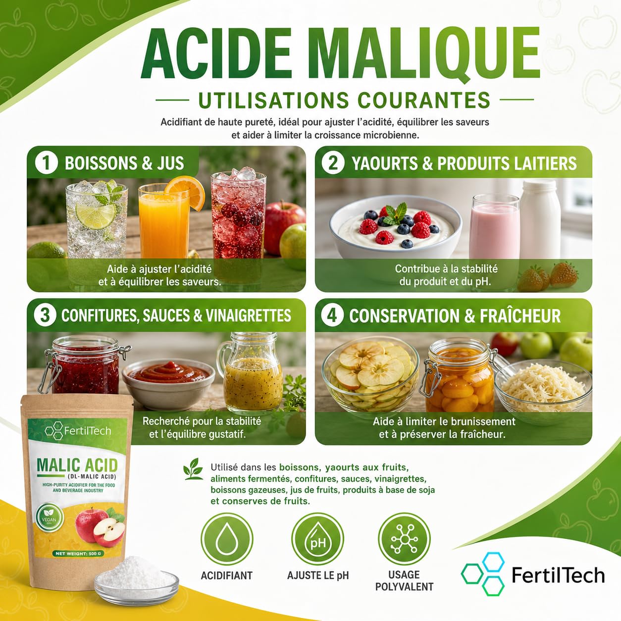 FertilTech Acide Malique Alimentaire 750 g Acidifiant Naturel Qualité Alimentaire Pour Boissons Confiseries et Pâtisseries Goût Acidulé Fruité Convient aux Recettes Maison Formule Vegan