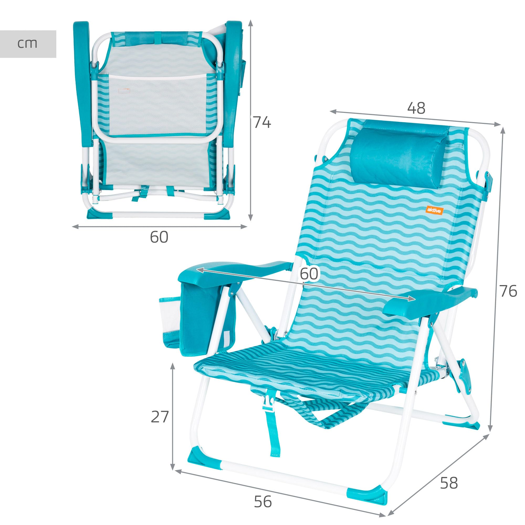 AKTIVE Silla de playa plegable, Azul, 48x58x76 cm, 4 posiciones, Antivuelco, Aluminio y poliéster, Peso soportado 110 kg, Bolsillo lateral y trasero, Cojín, Transporte mochila (62530)