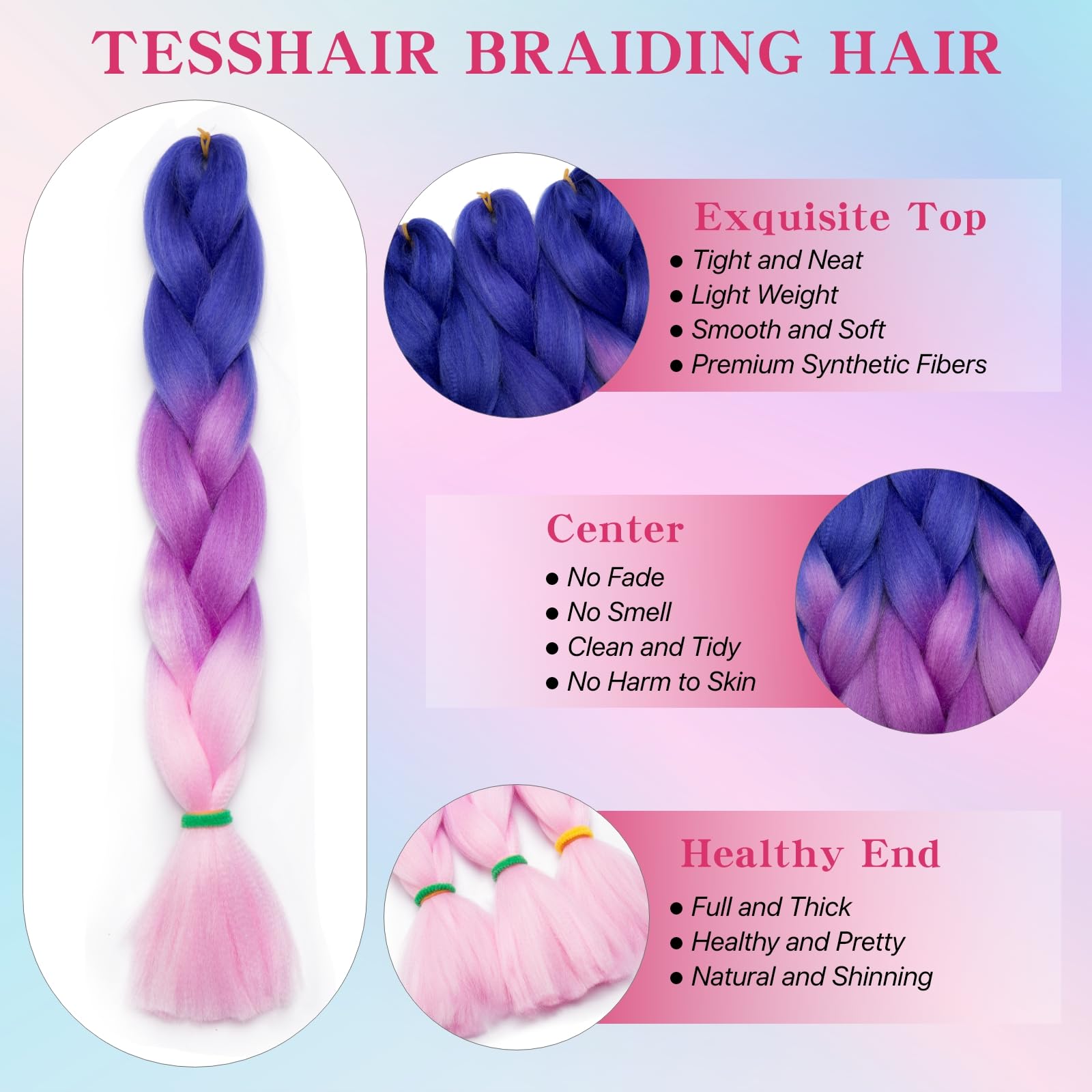 tesshair Braiding Hair Extensions 24 Inch Jumbo Braiding for Twist Braiding Synthetic Fashion Braids Extensions Hair Natural Braid Extensions for Women Grils (Blue/Purple/Pink - Image 4