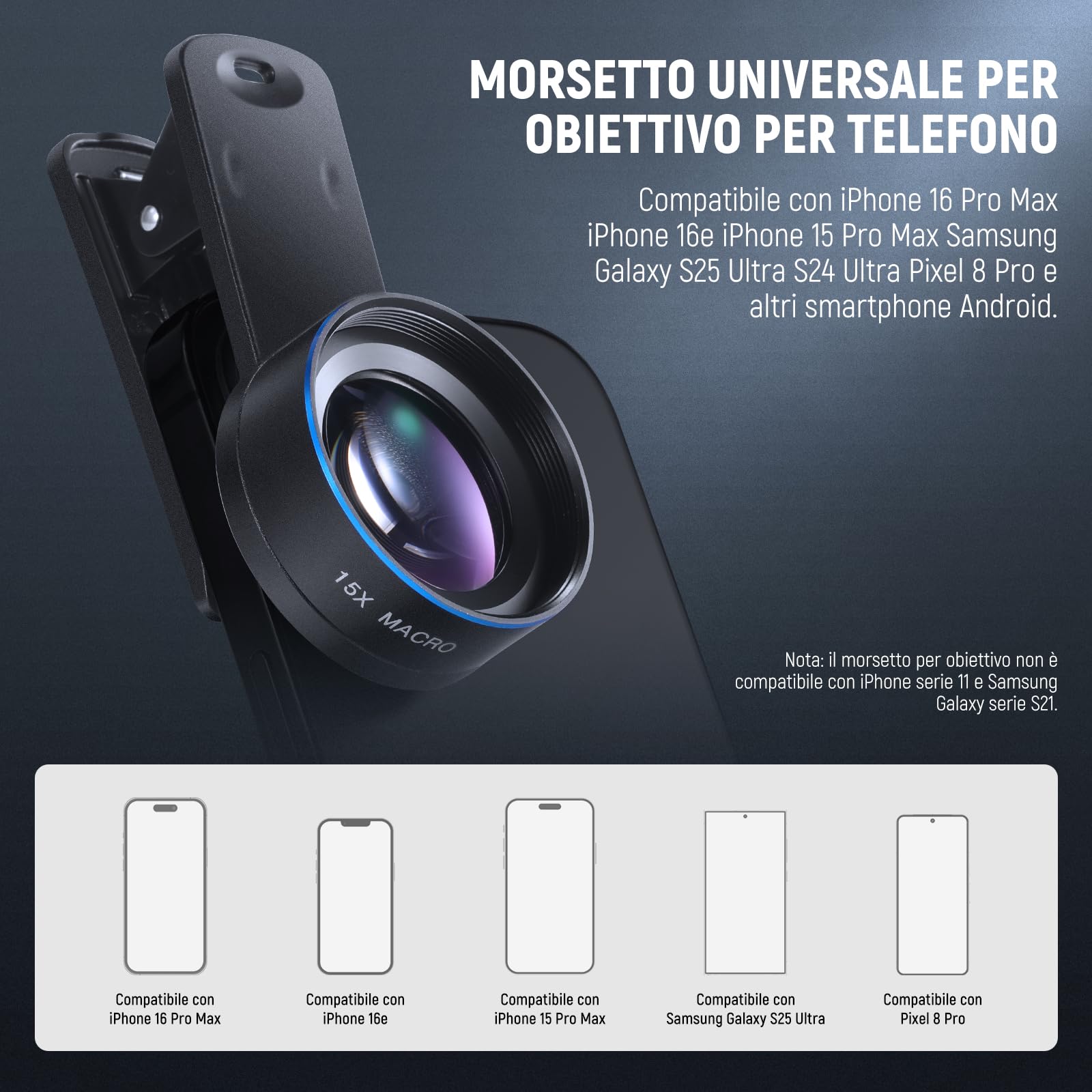 NEEWER BASICS Kit Obiettivo Macro 15x per Telefono con Morsetto per Lente da 37mm, Accessori per Fotocamera HD Compatibile con iPhone Samsung Smartphone Android, LS-69
