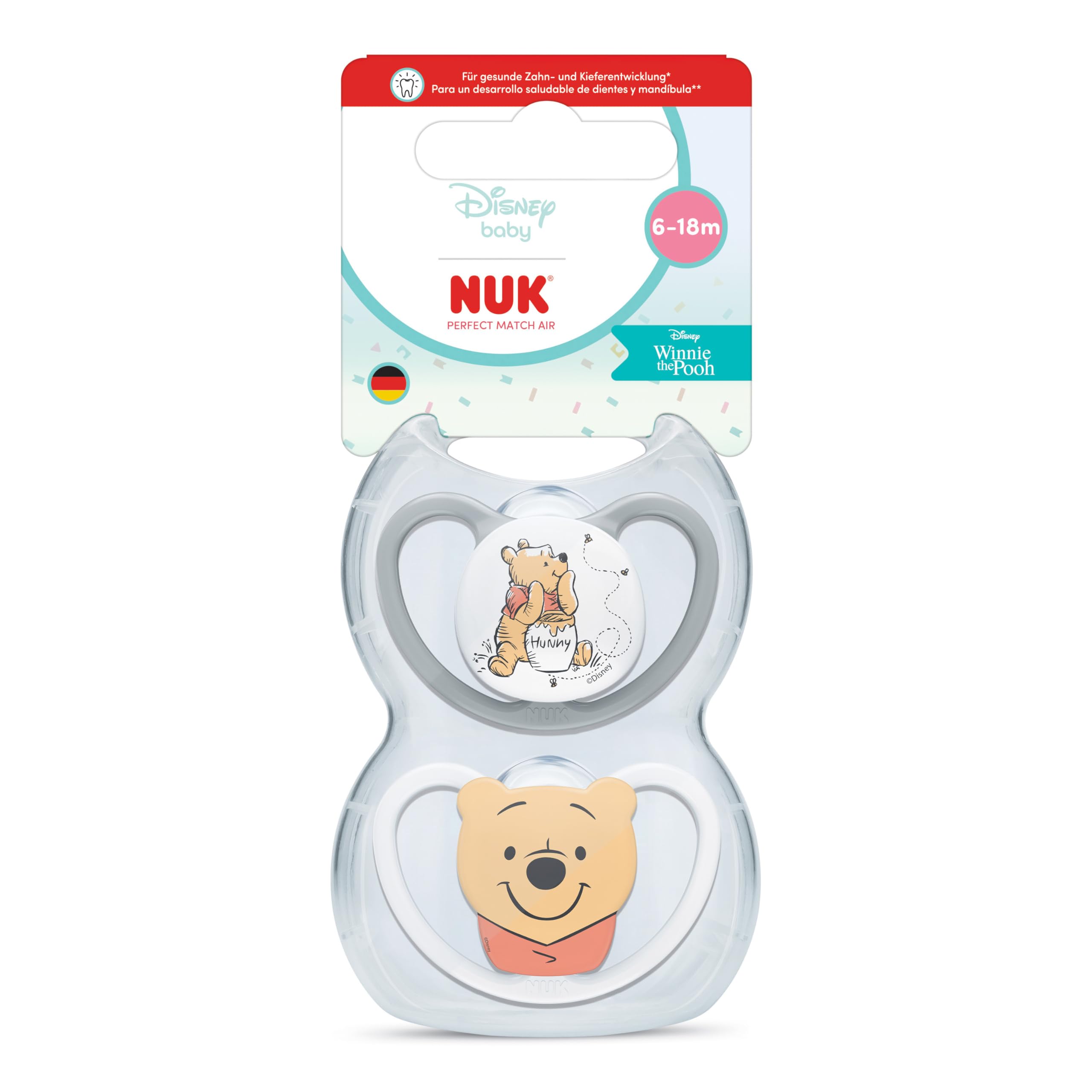 NUK Perfect Match Air Baby Schnuller | 6-18 M | Orthodontische Schnuller, die Luftzirkulation fördern & Speichel-Ausschlag verhindern | 95 % Baby-Akzeptanz** | Disney Winnie Puuh | 2 Stück
