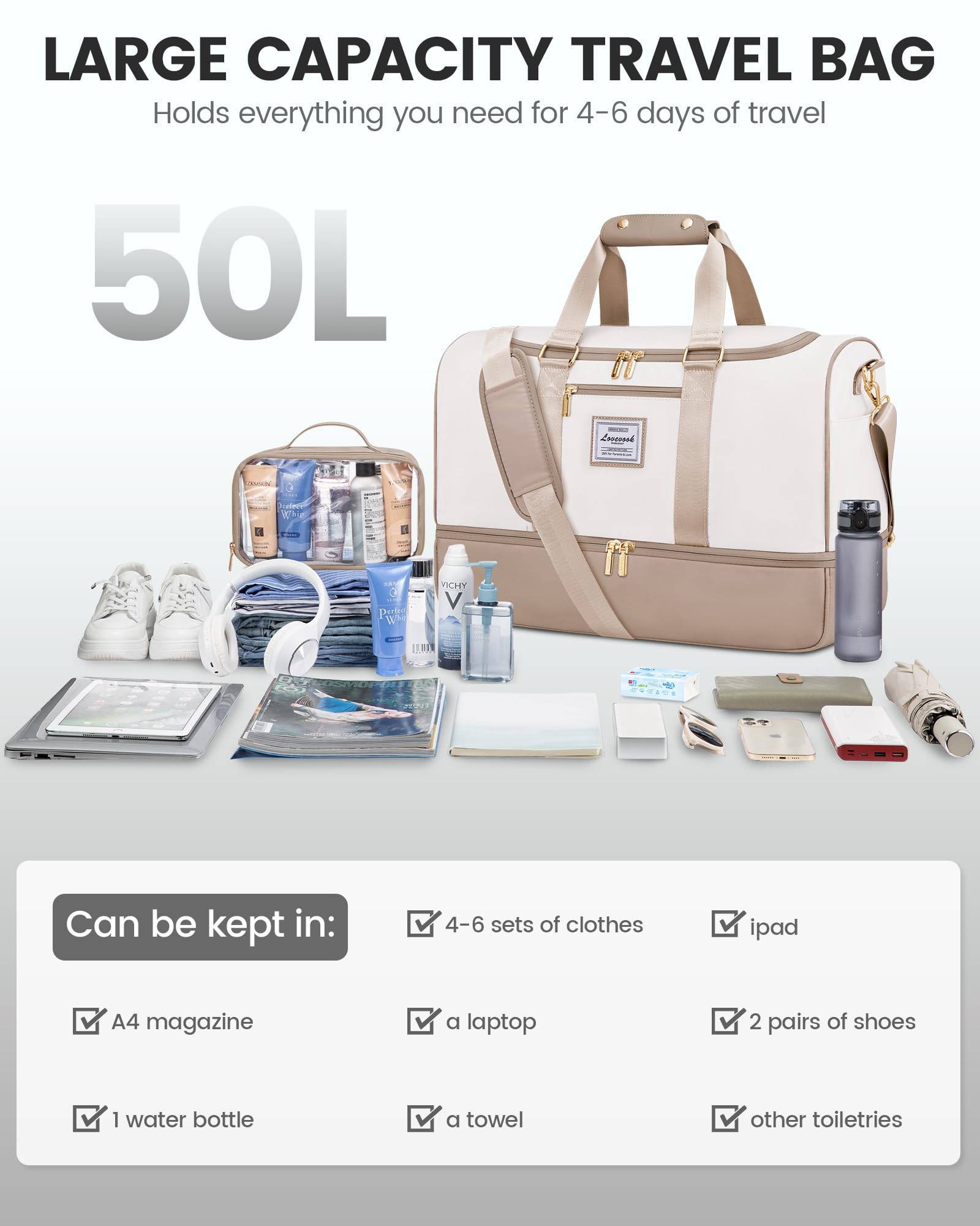 LOVEVOOK torba podróżna damska, torba weekendowa Travel Duffle Carry On Bag z kosmetyczką, kieszenią na buty i przegródką na mokre rzeczy, wodoszczelna torba sportowa Gym Yoga Bag, torba podręczna na