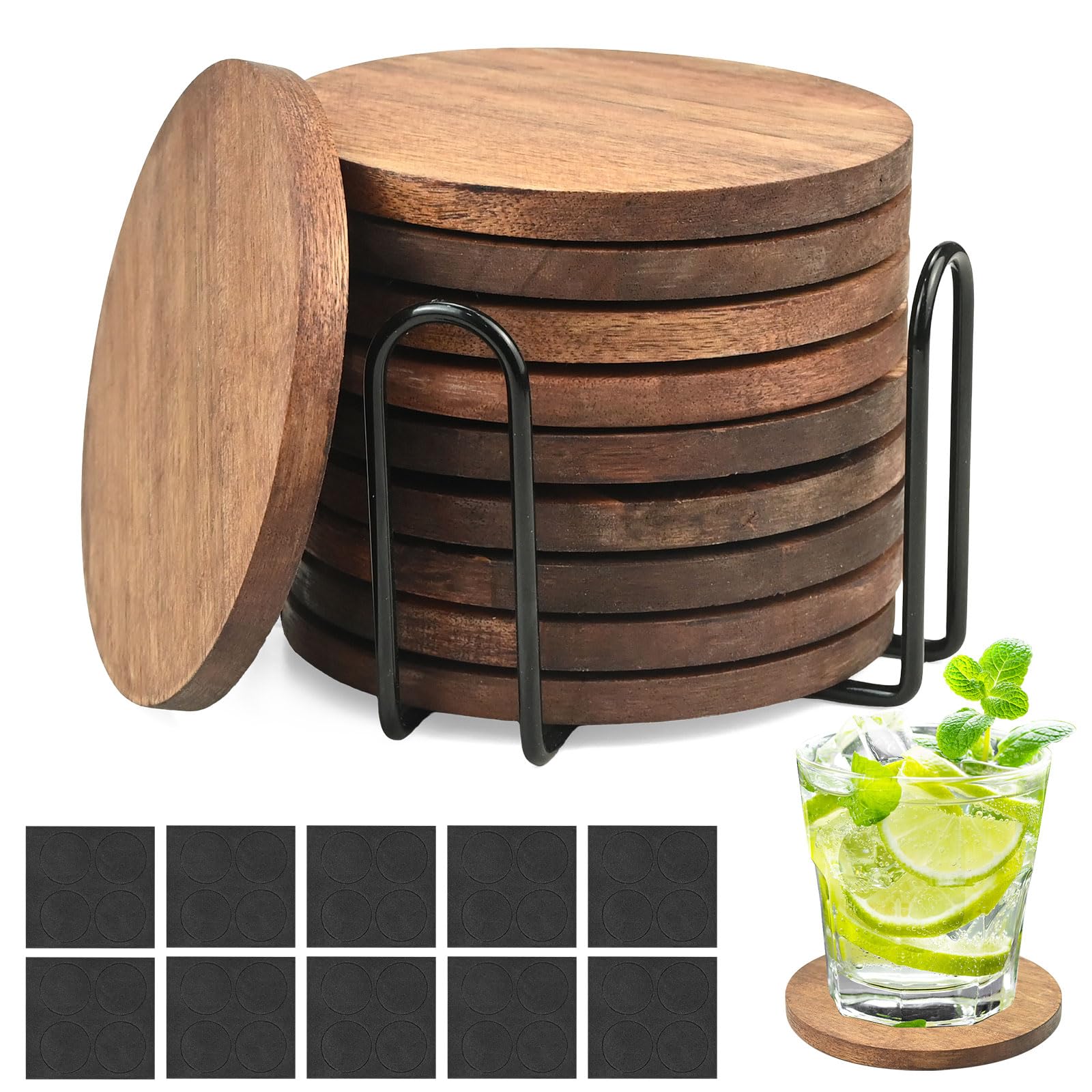 10Pcs Wooden Coasters with Holder - Wood Coaster Set of 10 Acacia Wood Decoration Drink Mug Pad Kit for Mug Glass Wine Glass/Kitchen Dining Bar Home Coffee Restaunrant (10x10x0.7cm)