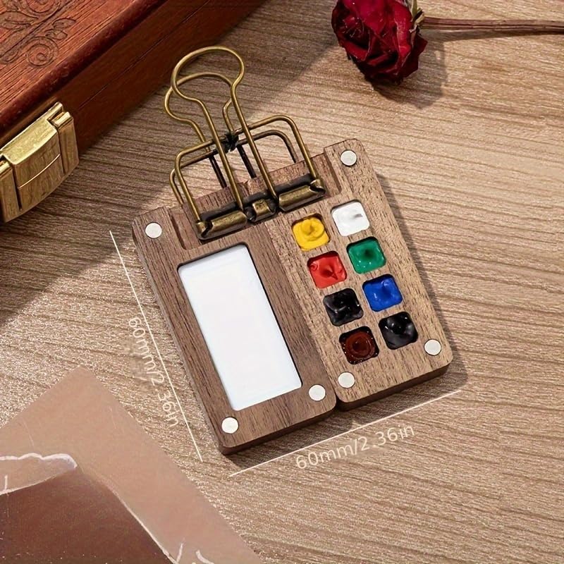 Compact Travel Watercolor Palette Pocket Set - This Set Includes a Portable Wooden Palette with 8 Compartments, a 12-Color Paint Box, a Portable Outdoor Sketch Palette, a Wooden Grid Box