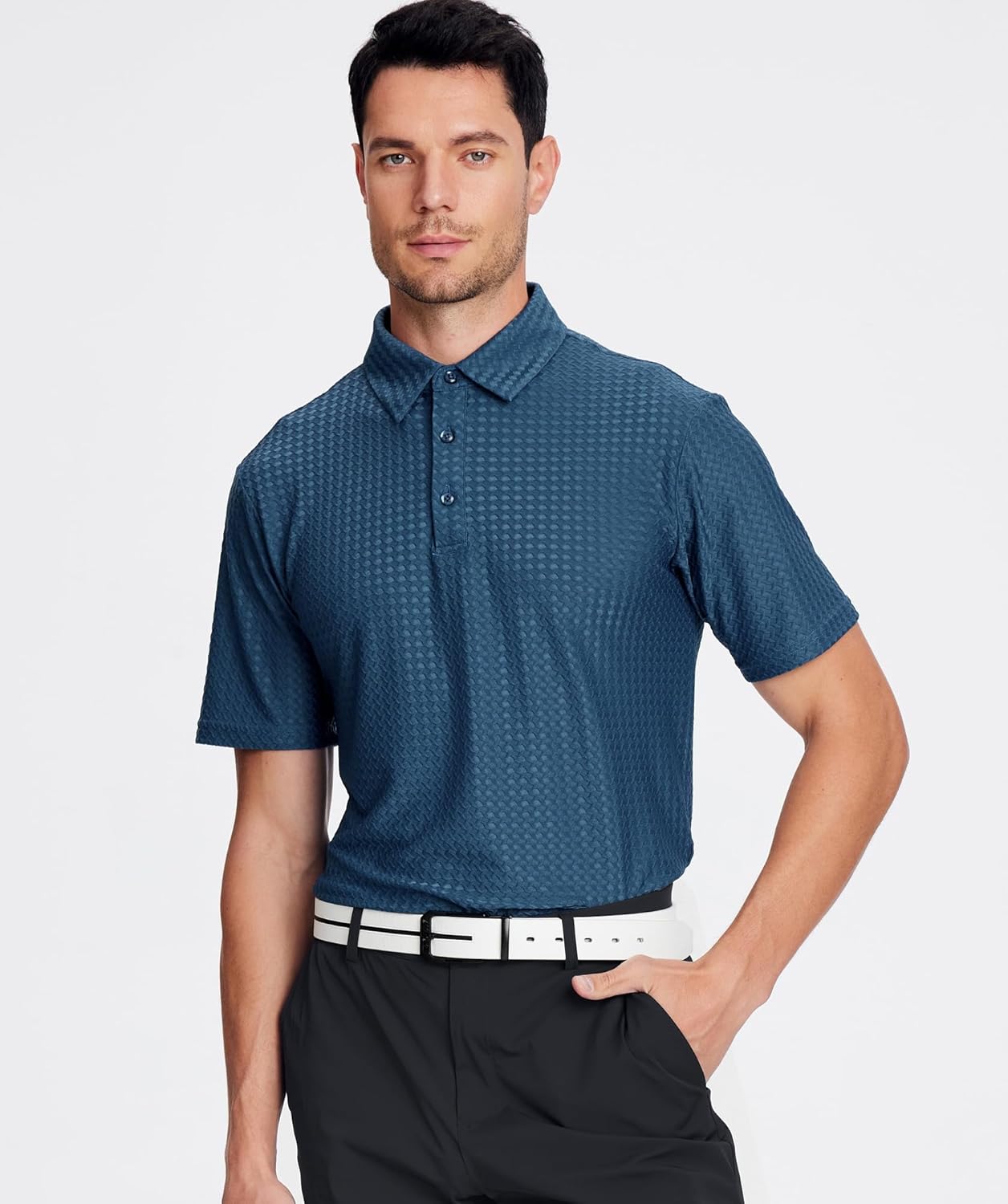 Alex Vando Mens Bubble Jacquard Polo Shirt Super Stretch Short Sleeve Polo Shirts for Men - Image 2