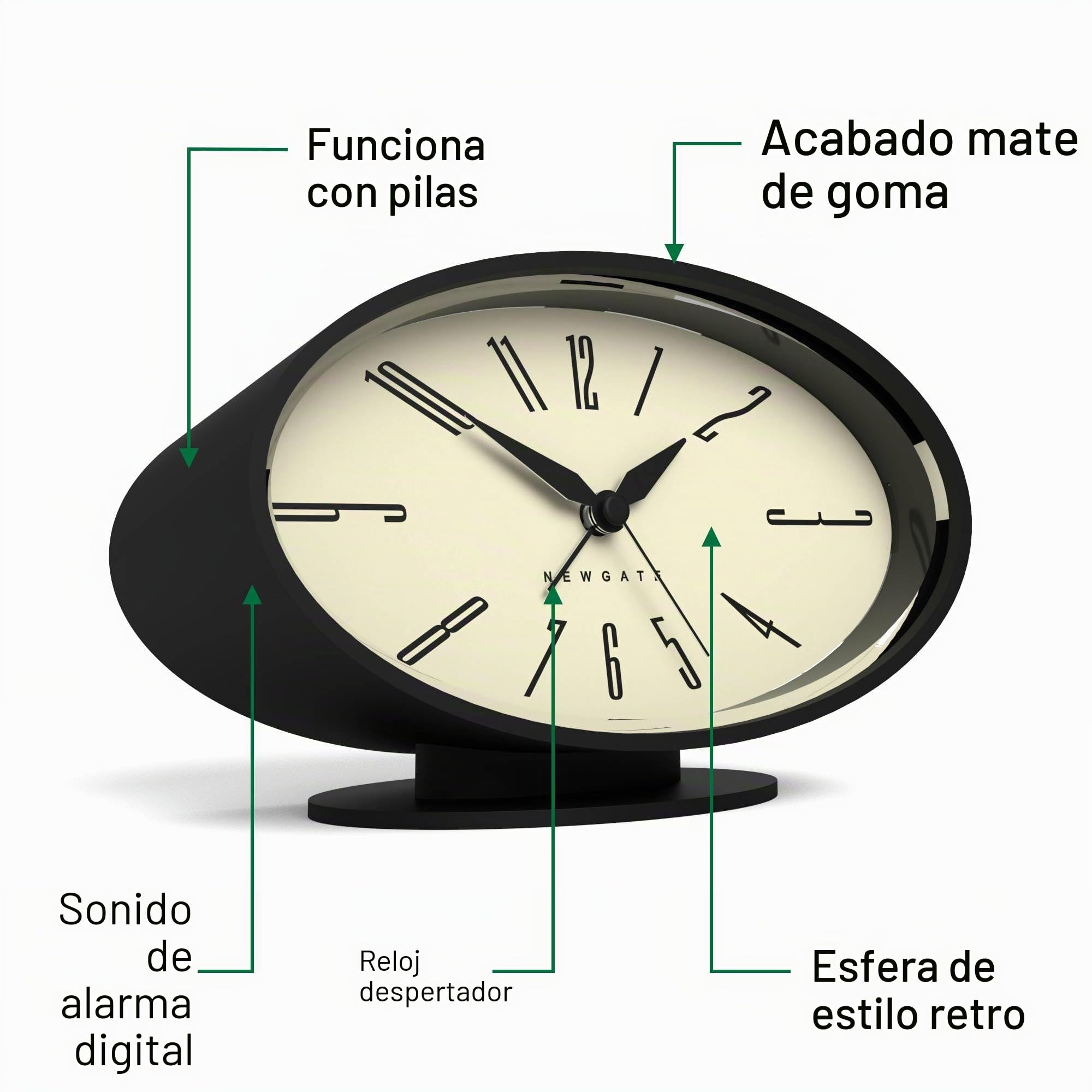 NEWGATE® Ronnie Despertador | Diseño Retro Ovalado | Acabado Negro y Suave con Goma | Ideal para la mesilla, Escritorio o estantería | Accesorio Moderno de Dormitorio y Oficina de Mediados de Siglo