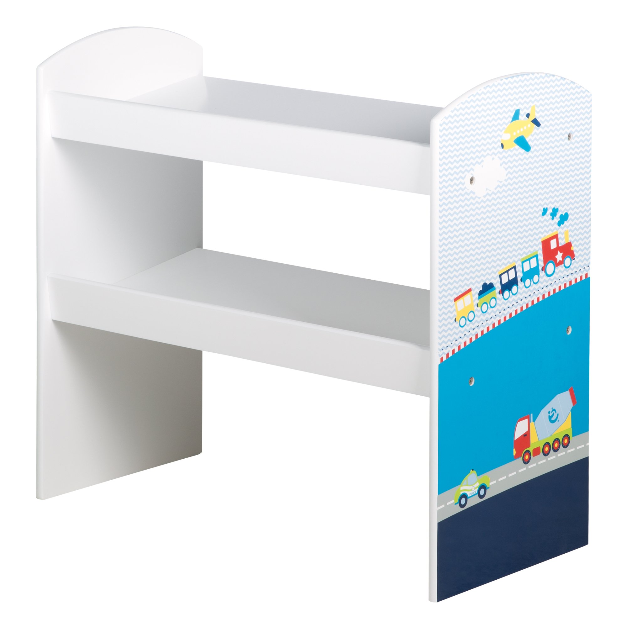 roba Étagère pour Jouets Enfant en Bois Rennfahrer - 5 Paniers en Tissu Amovibles - Meuble de Rangement pour les Jouets - 64 x 30 x 60 cm - Motif Véhicules de Transport - Bleu