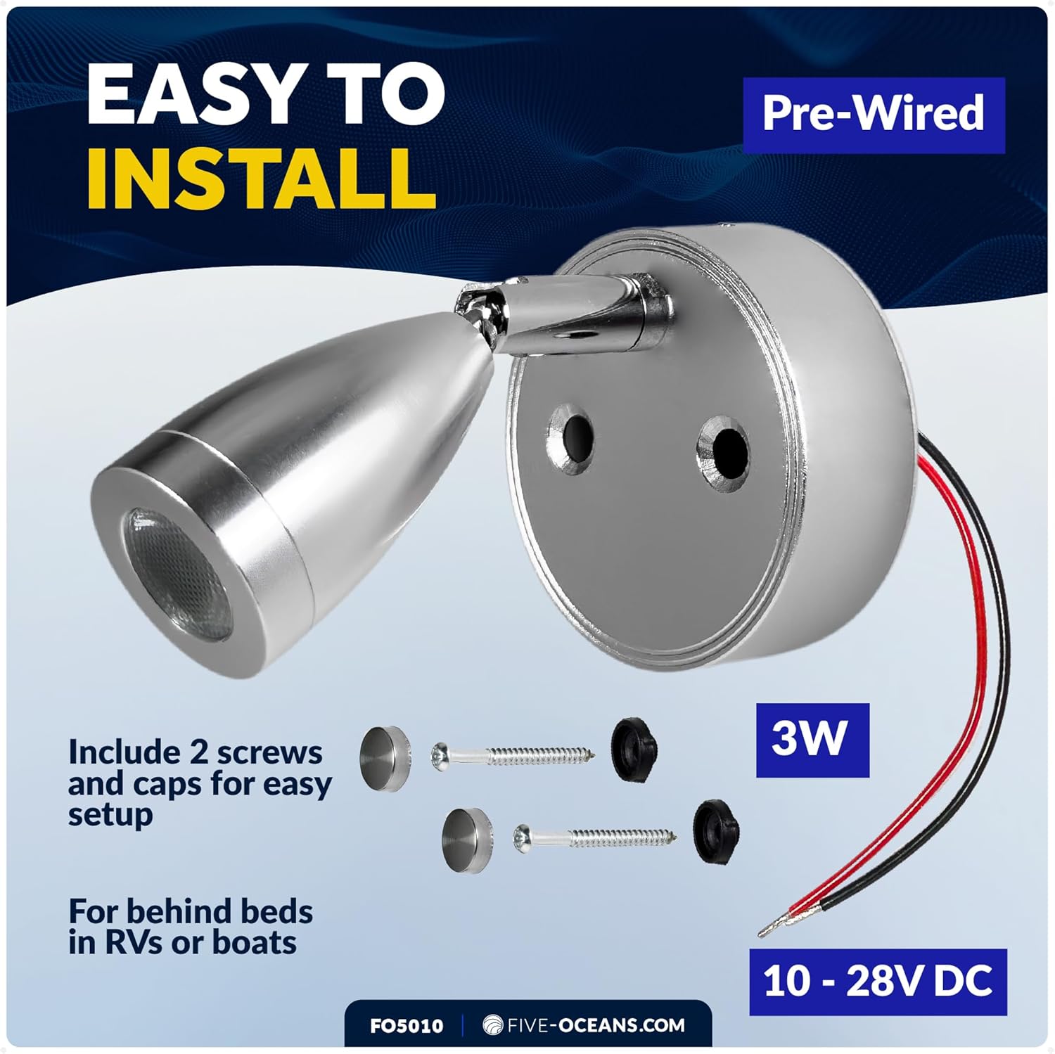 Five Oceans LED Reading Light with Touch Dimmer on Base/Housing/Swivel, USB-C, Dual-Color Warm White & Blue, Silver Housing, 200LM, 10-28V, RV Interior Lights, Boats - FO5010