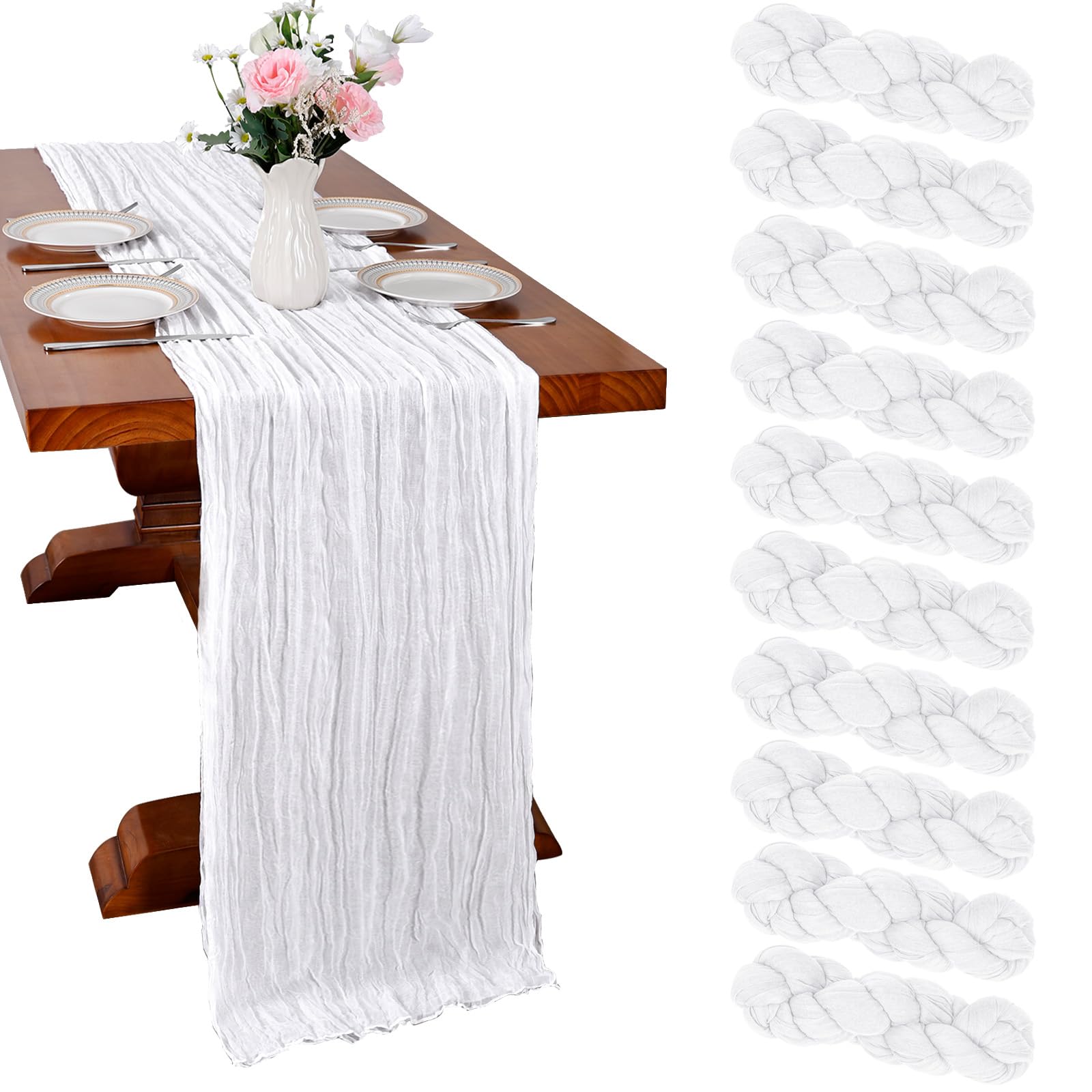 Photo 1 of 10 Pack White Table Runner 10ft Cheesecloth Table Runner 120 Inch Gauze Boho Rustic Sheer Cheese Cloth for Summer Banquet Picnic Baby Shower Party Wedding Holiday Décor