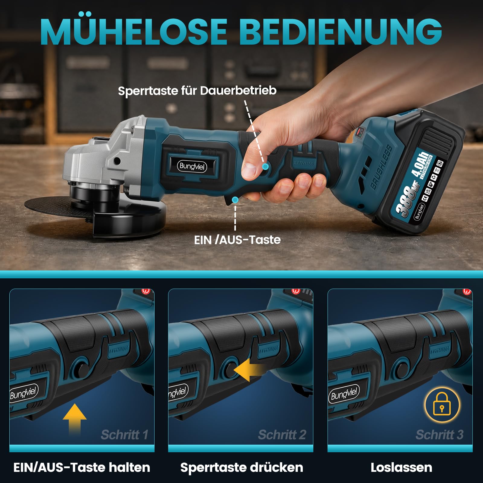 Amoladora angular inalámbrica de 125 mm, motor sin escobillas de 1000 W, batería Flex con batería de 9000 rpm, 2 x 4,0 Ah, 3 niveles de velocidad, mango antivibración, para cortar, pulir