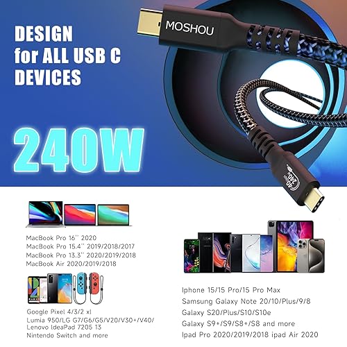 Cable USB4 de 240 W, cable USB C a USB C, cable de carga rápida compatible con 40Gbps 8K 60Hz, cable USB C trenzado de nailon para iPhone15 Pro Max,