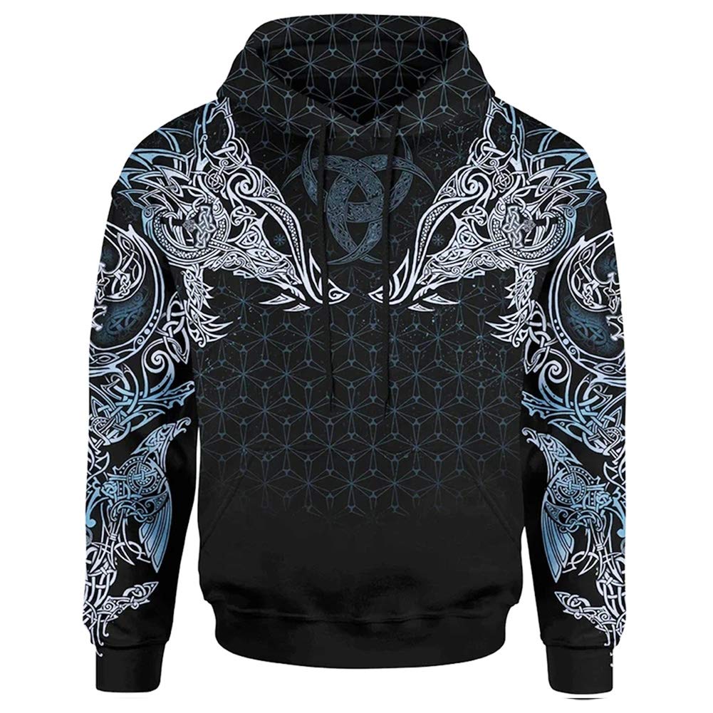 WDBAYXH Viking Triple Horn of Odin Fenrir Wolf 3D Print Full Zip Sweatshirt, Norse Mythology Germanic Icelandic Celtic Pagan Hoodie, Vintage Big Pockets Autumn Pullover,Pullover,XL