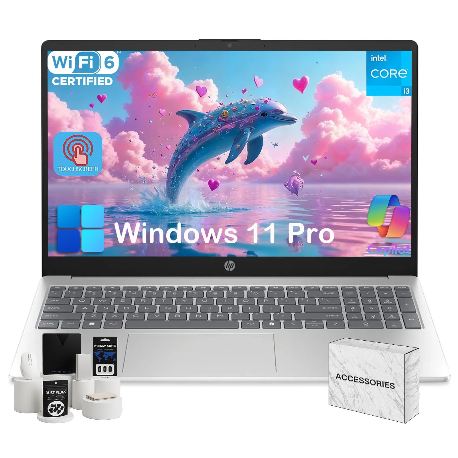 HP Touchscreen 15.6-inch Laptop Computer for Business &amp; Student - 8GB RAM, 512GB SSD, Intel 13th Gen Core i3 1315U, HD Touch Display, AI Copilot, Wifi6, Fast Charge, HD Camera, Win 11 Pro, Accessories
