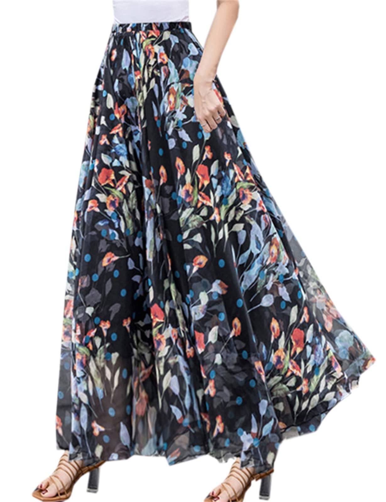 SANGTREE Womens Floral Print Long Skirts Chiffon Summer Beach Elastic High Waisted Maxi Skirts