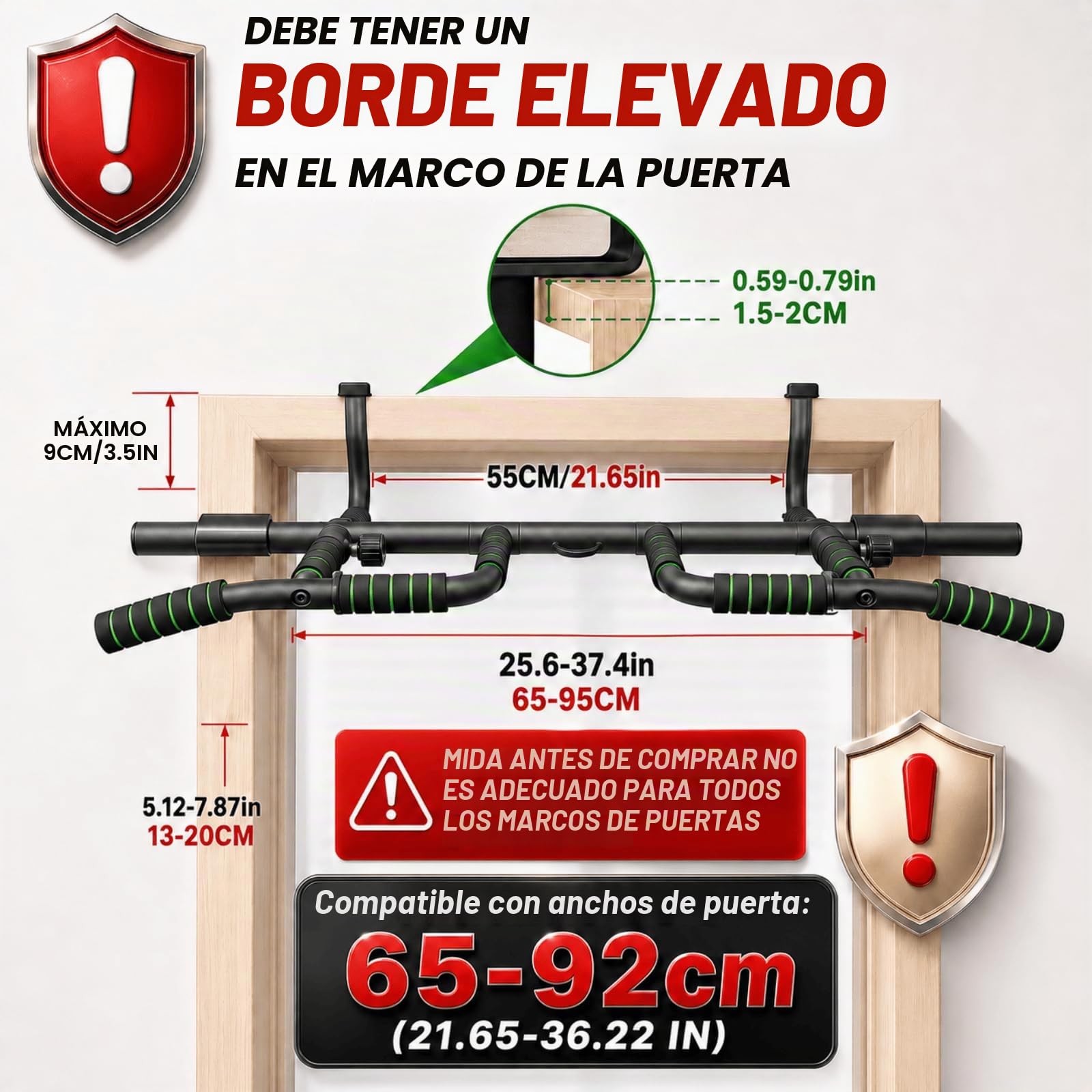 Barra Dominadas Puerta Sin Taladro, Pull Up Bar con Agarre Antideslizante, Ajustable 59-92cm, Ideal para Casa Home Gym Workout